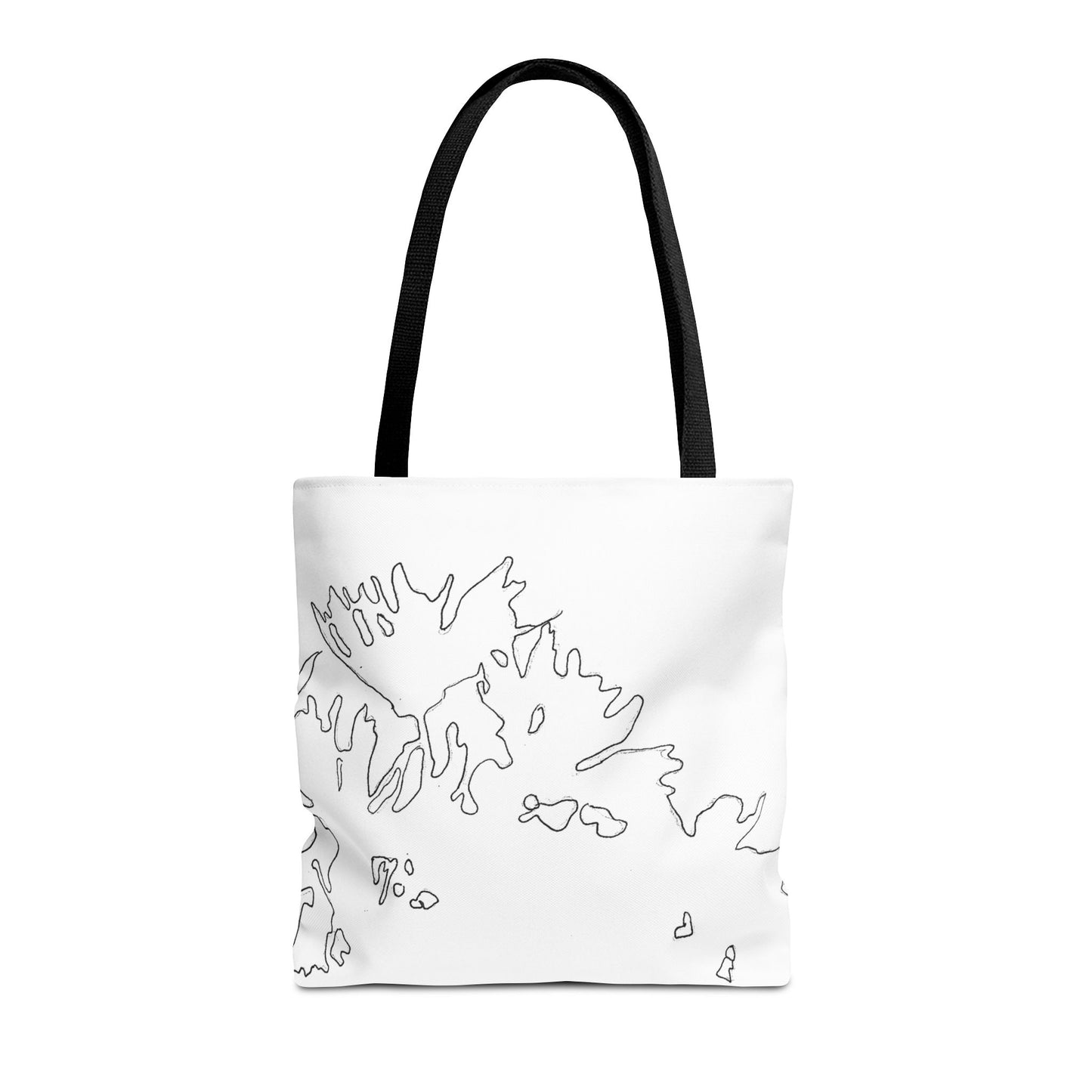 This is the Black 16" x 16" Flowers Tote Bag by Storm Garden Studio. The tote has color matched straps, abstract line work which is outlines of flowers, all over print. The colors are white and black. The tote is against a white background.