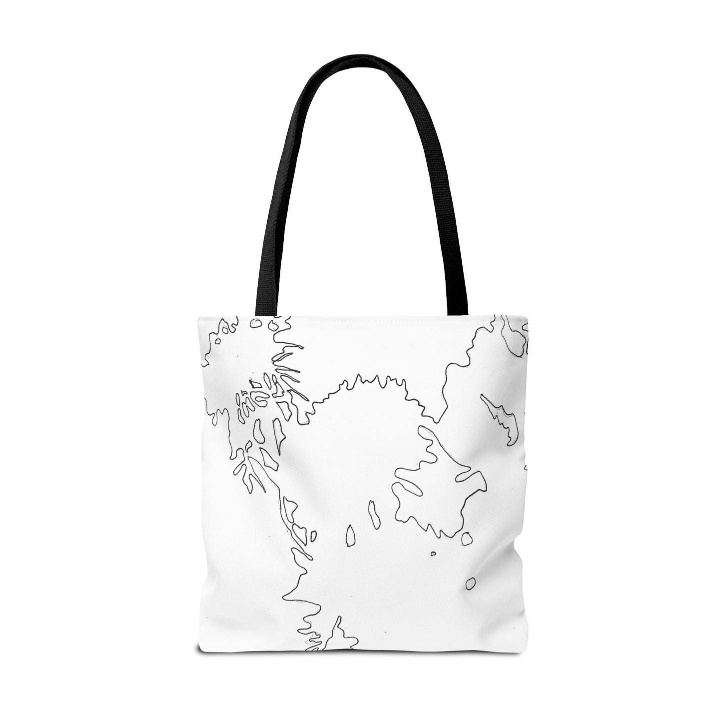 This is the Black 18" x 18" Flowers Tote Bag by Storm Garden Studio. The tote has color matched straps, abstract line work which is outlines of flowers, all over print. The colors are white and black. The tote is against a white background.