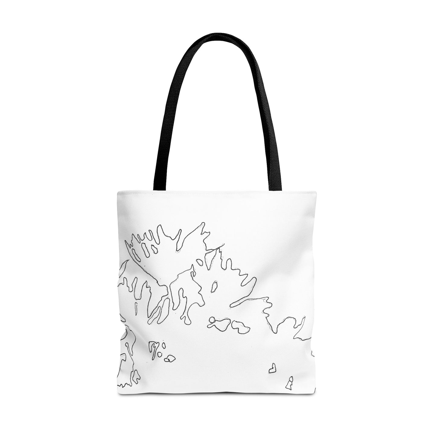 This is the Black 18" x 18" Flowers Tote Bag by Storm Garden Studio. The tote has color matched straps, abstract line work which is outlines of flowers, all over print. The colors are white and black. The tote is against a white background.