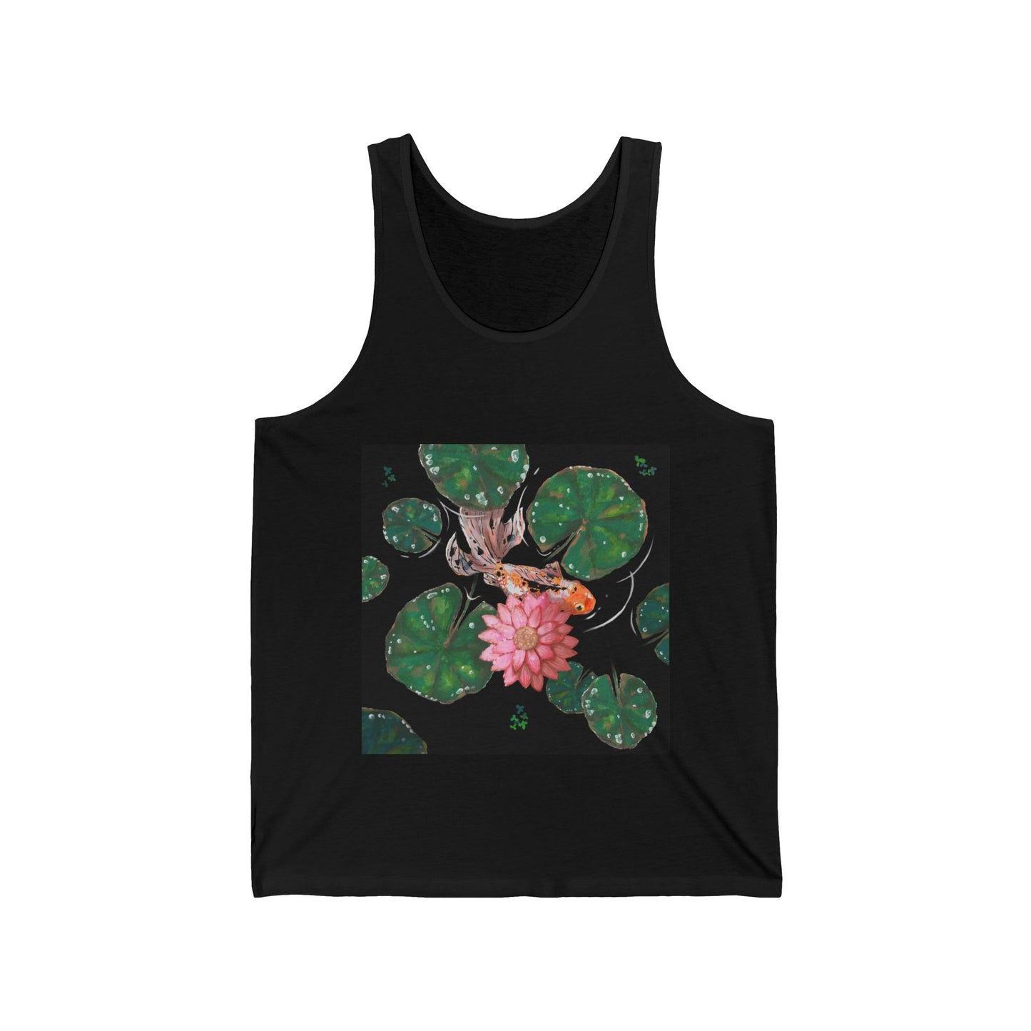 This is the Black Goldfish Jersey Tank by Chris Foster Designs. It comes in sizes XS-2XL. This is the front of the tank. The illustration is squared, the background is black, nine dark or light green lily pads, small foliage, one orange, white and black goldfish and a pink blooming flower. The tank is against a white background.