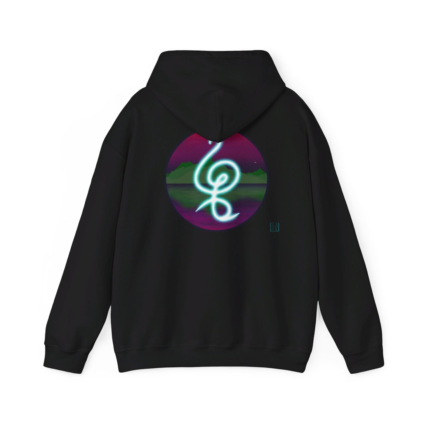 This is the Black Hakuna Matata Unisex Heavy Blend Hooded Sweatshirt by Lee Hansheng Studios. This is the image of it from the back and the hood is down.This comes in sizes S- 5XL. This illustration is an oval image on with the "There are no worries" in Swahili which is a bright light blue. Behind the symbol is a landscape with dark green mountains. It is reflected in the water and clear are pink/purple sky with a couple of stars. The illustration is on the upper back and the studio logo is below it.