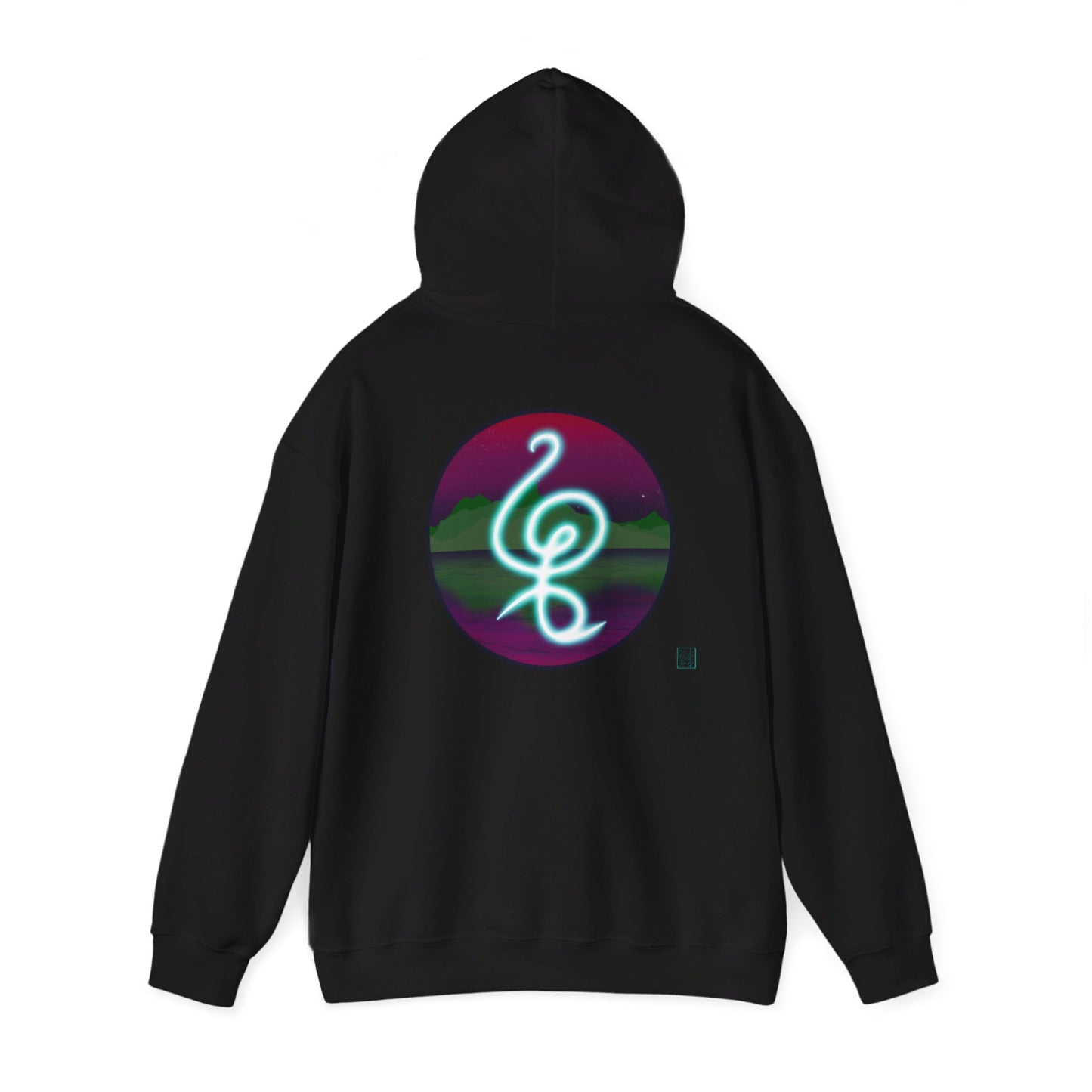 This is the Black Hakuna Matata Unisex Heavy Blend Hooded Sweatshirt by Lee Hansheng Studios. This is the image of it from the back and the hood up. This comes in sizes S- 5XL. This illustration is an oval image on with the "There are no worries" in Swahili which is a bright light blue. Behind the symbol is a landscape with dark green mountains. It is reflected in the water and clear are pink/purple sky with a couple of stars. The illustration is on the upper back and the studio logo is below it.