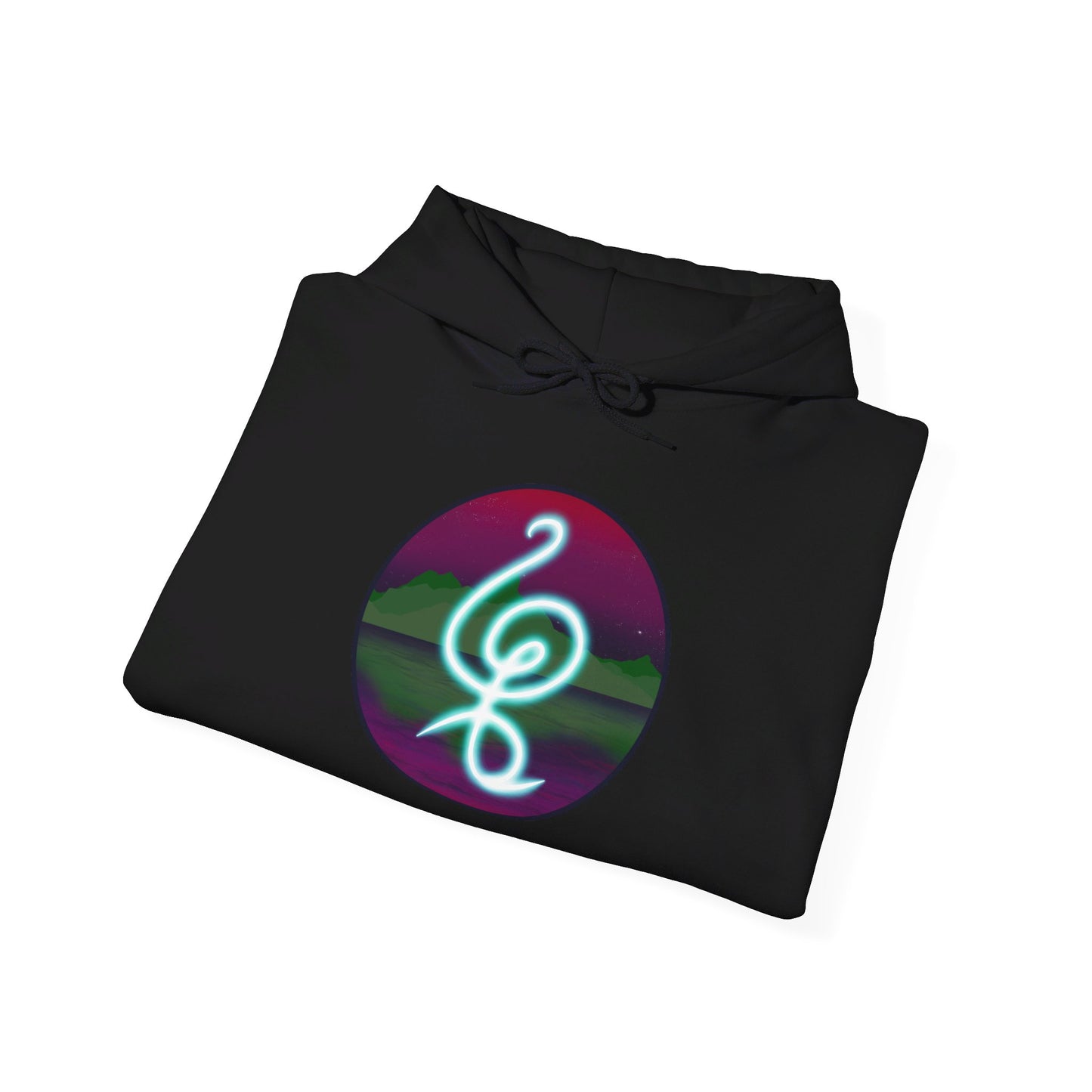 This is the Black Hakuna Matata Unisex Heavy Blend Hooded Sweatshirt by Lee Hansheng Studios. This is the image of it folded from the front. The drawstring is tied in a bow and color matched. This comes in sizes S- 5XL. This illustration is an oval image on with the "There are no worries" in Swahili which is a bright light blue. Behind the symbol is a landscape with dark green mountains. It is reflected in the water and clear are pink/purple sky with a couple of stars.