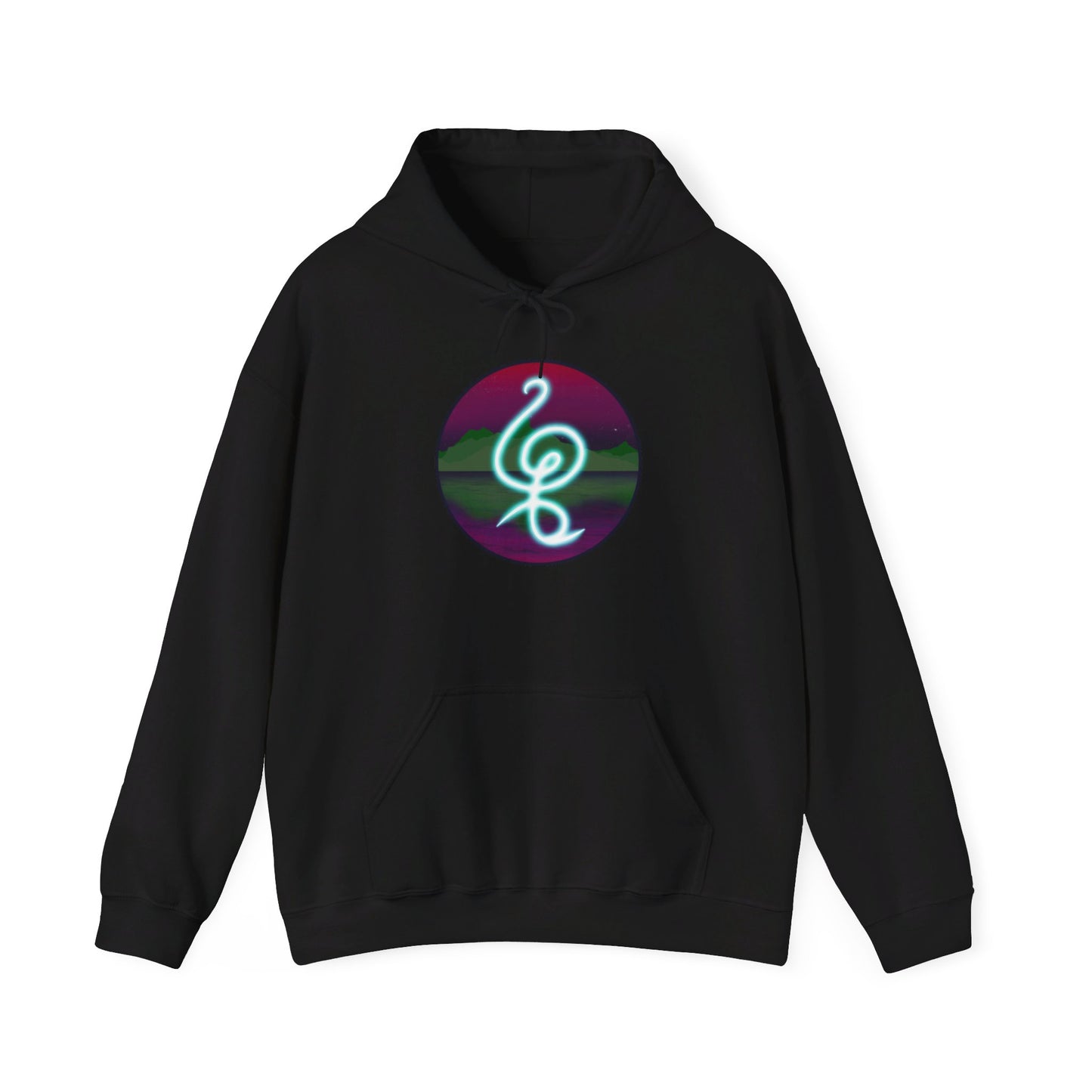 This is the Black Hakuna Matata Unisex Heavy Blend Hooded Sweatshirt by Lee Hansheng Studios. This is the image of it from the front.This comes in sizes S- 5XL. The drawstring is color matched and tied. This illustration is an oval image on with the "There are no worries" in Swahili and bright light blue.Behind the symbol is a landscape with dark green mountains, reflected in the water,clear pink/purple sky with a couple of stars.The illustration is on the upper back and the studio logo is below it.