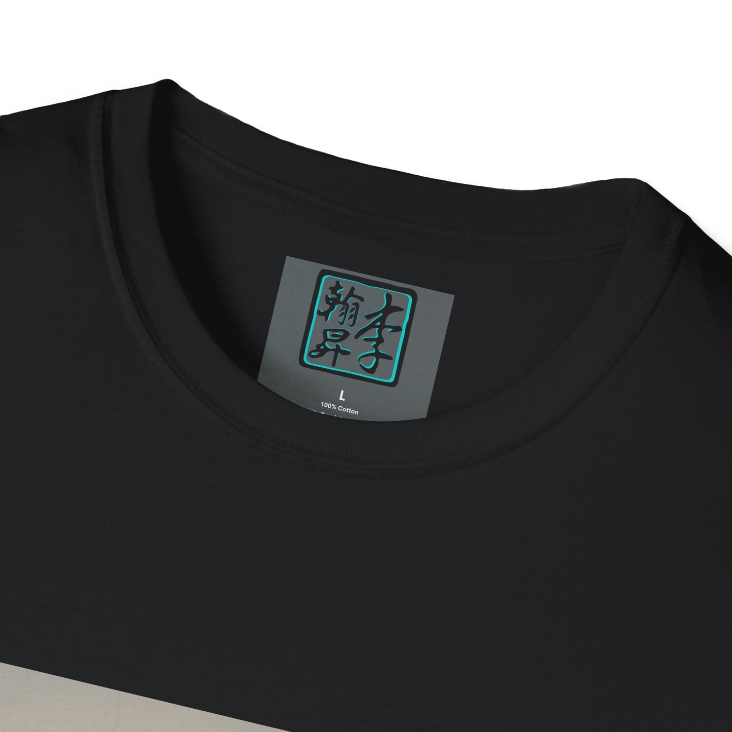 This is the Black Landing T-Shirt by Lee Hansheng Studios. This is a close up of the front. On the inside of the shirt is the logo for the studio printed in black outlined in blue, gray size label with the print being white. The shirt is against a white background.
