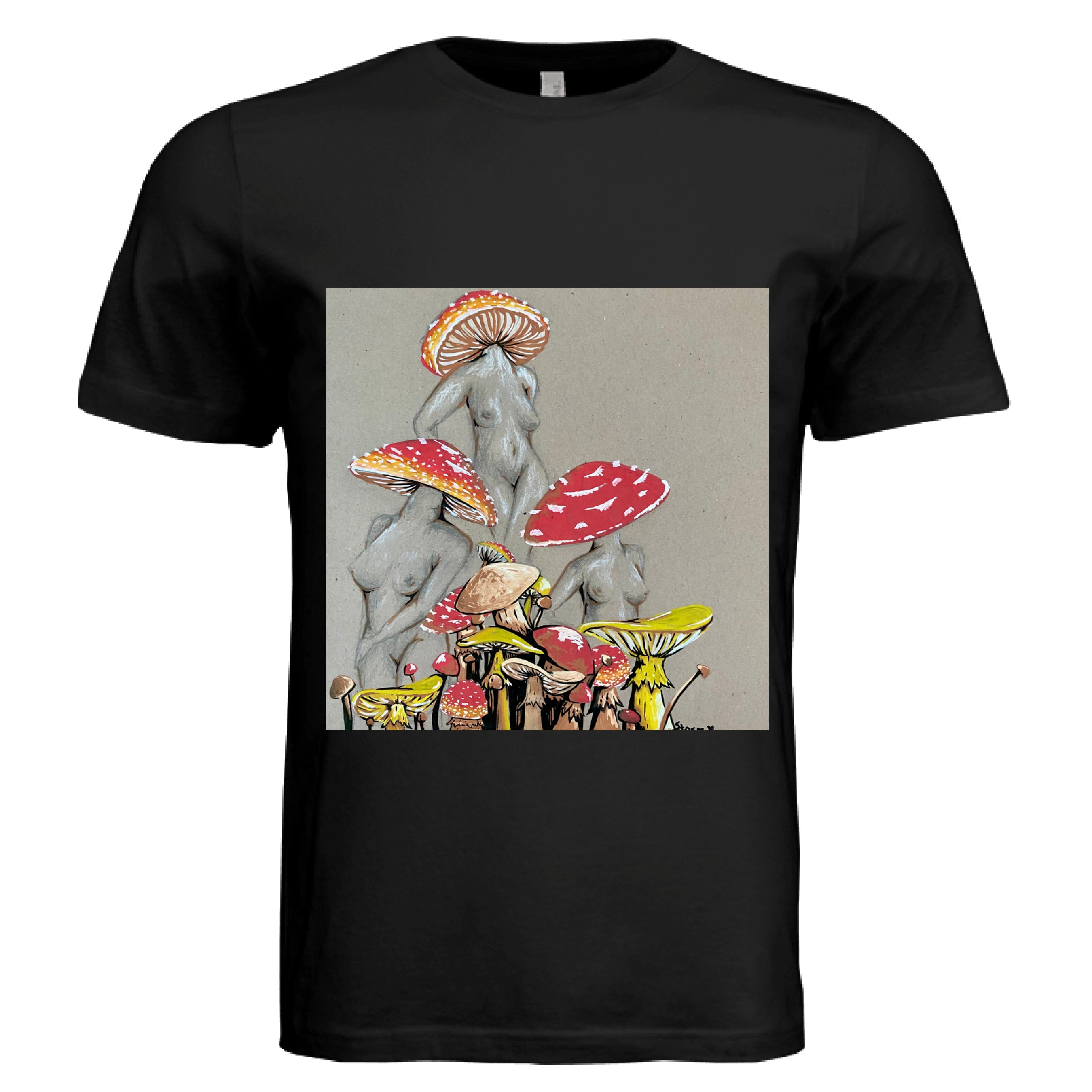 Close-up of Miss Amanita T-shirt collar showing white ribbed crew neckline and neatly stitched seams on soft cotton fabric