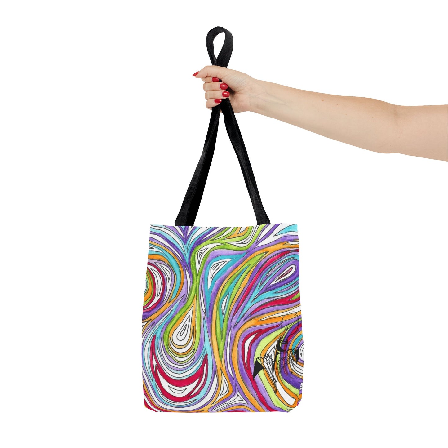 This is the Black 13" x 13" Oil Spill Tote Bag by Storm Garden Studio. The tote has color matched straps, abstract colors and line work, all over print. The colors are lime green, orange, light blue, dark red, purple, white and black. Storm Garden Studio logo printed in black on bottom right of tote bag. A woman's upper arm from the left is shown and the hand is holding the handles. The tote is against a white background.