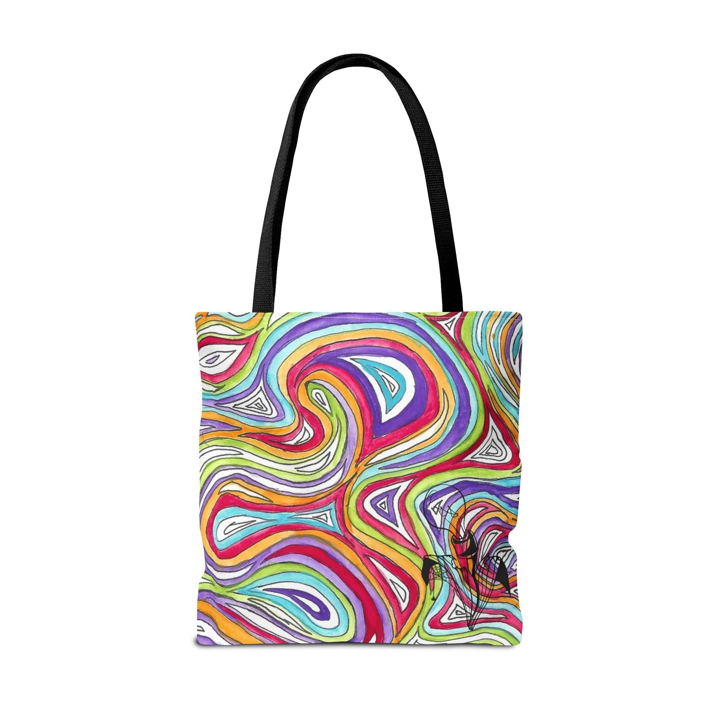 This is the Black 18" x 18" Oil Spill Tote Bag by Storm Garden Studio. The tote has color matched straps, abstract colors and line work, all over print. The colors are lime green, orange, light blue, dark red, purple, white and black. Storm Garden Studio logo printed in black on bottom right of tote bag. The tote is against a white background.