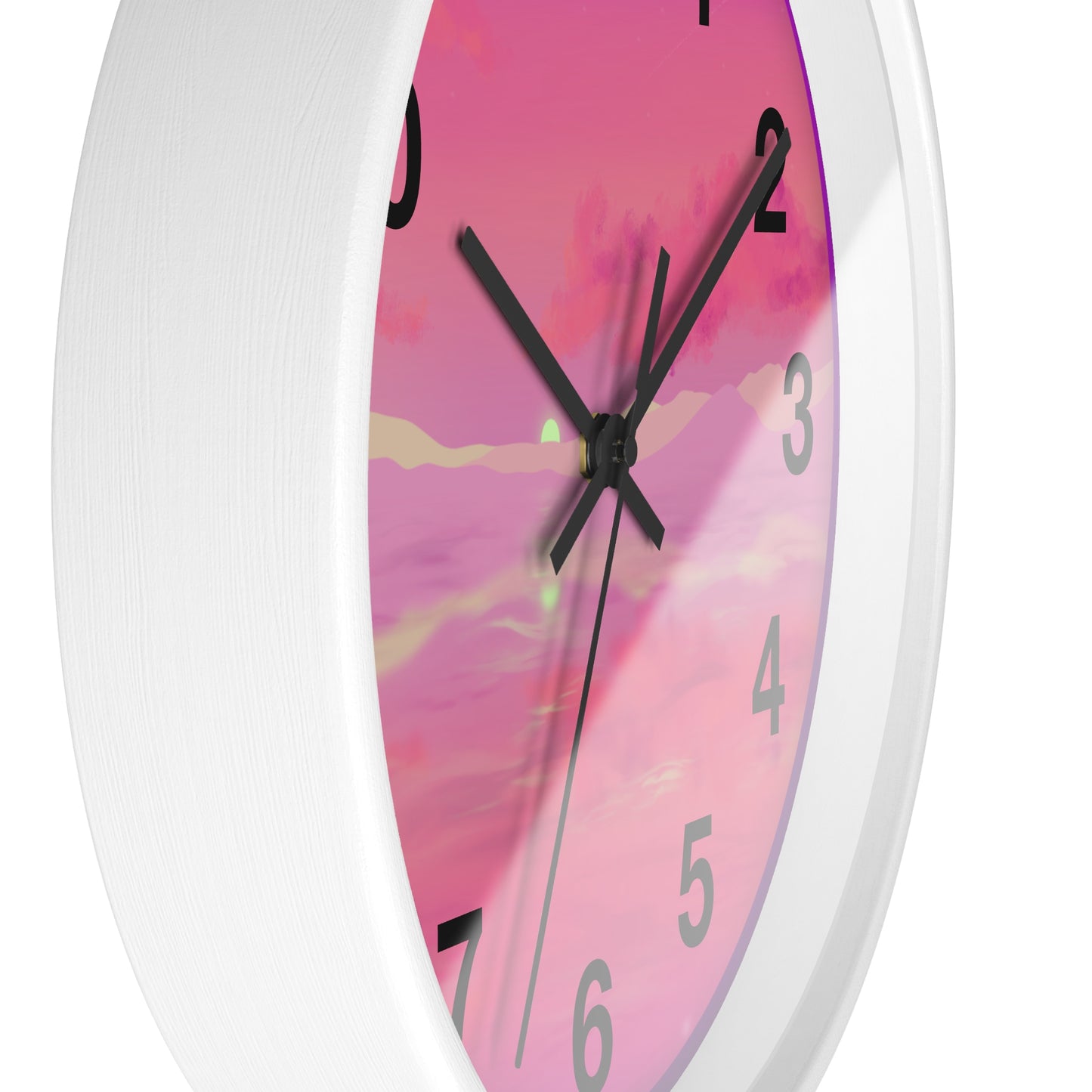 This is the 10" White Base Pink Dreamscape Wall Clock with black hands by Lee Hansheng Studios.The image is from the side which shows the rim of the clock. There are two black clock hands, black numerals and the illustration behind it.The illustration has the sky and clouds. Different pinks and hues blended into the clouds and spreads outwards. There are dark purples on the side and yellows near the middle of the art piece. The clock is against a white background.