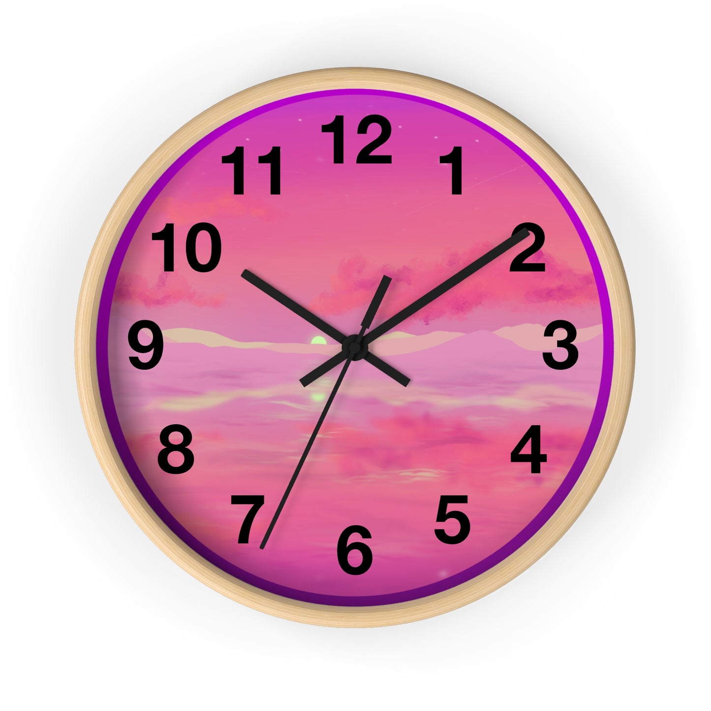 This is the 10" Wooden Base Pink Dreamscape Wall Clock with black hands by Lee Hansheng Studios.The image is from the front with two black clock hands, black numerals and the illustration behind it.The illustration has the sky and clouds. Different pinks and hues blended into the clouds and spreads outwards.There are dark purples on the side and yellows near the middle of the art piece.