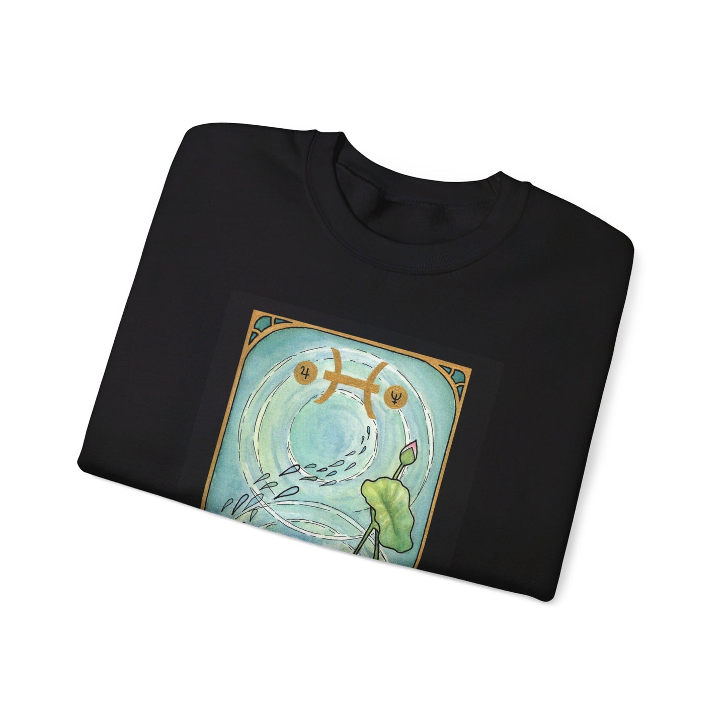 This is the Black Pisces Sweatshirt by Chris Foster Design that comes in sizes S-3XL and illustration starts from the upper chest till below the belly button. This is an image of the front of the sweatshirt folded. What can be seen is the beginning of tarot card with a gold intricate border and pisces symbol. In the background a pond that has one circular ripple, the right side has the lily flowers growing upwards with one green leaves, one pink bud and a green trail of seeds.