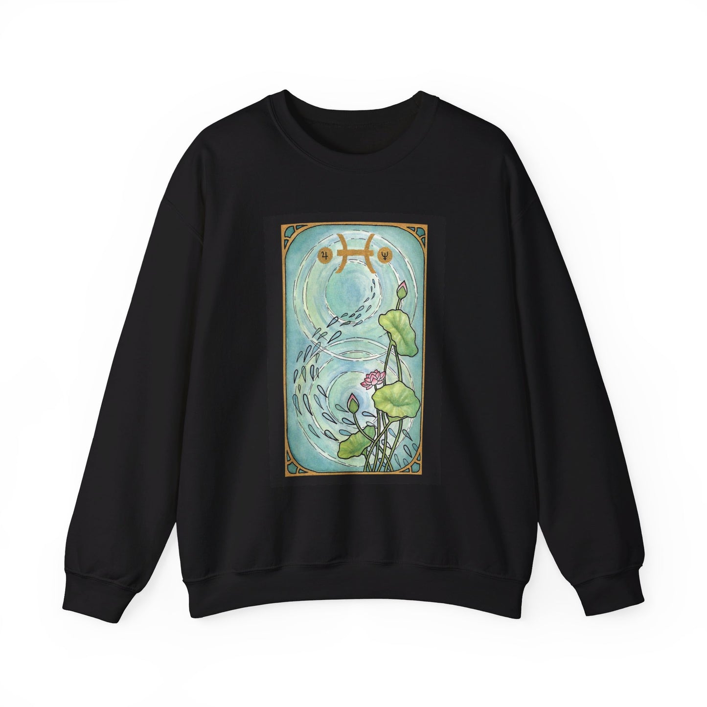 This is the Black Pisces Sweatshirt by Chris Foster Design that comes in sizes S-3XL and illustration starts from the upper chest till below the belly button. This is an image of the front of the sweatshirt. Designed like a tarot card with a gold intricate border and pisces symbol. In the background a pond that has two circular ripples, the right side has the lily flowers growing upwards with two green leaves, one blooming pink flower, two buds, and a green trail of seeds.