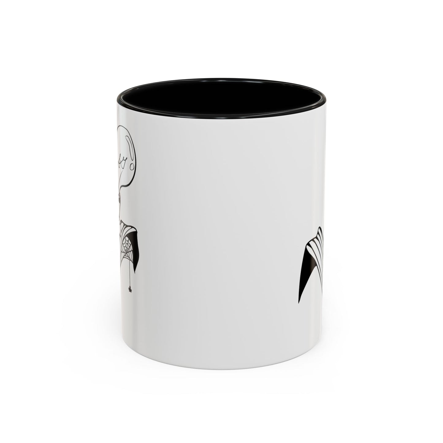 This is the Black 11oz Storm Garden Studio Accent Coffee Mug. This is an image from the front that is color matched with the inside of the mug. On the left side a little bit of the leaf and lightbulb print can be seen. On the right only a little bit of the leaf can be seen. It is against a white background.