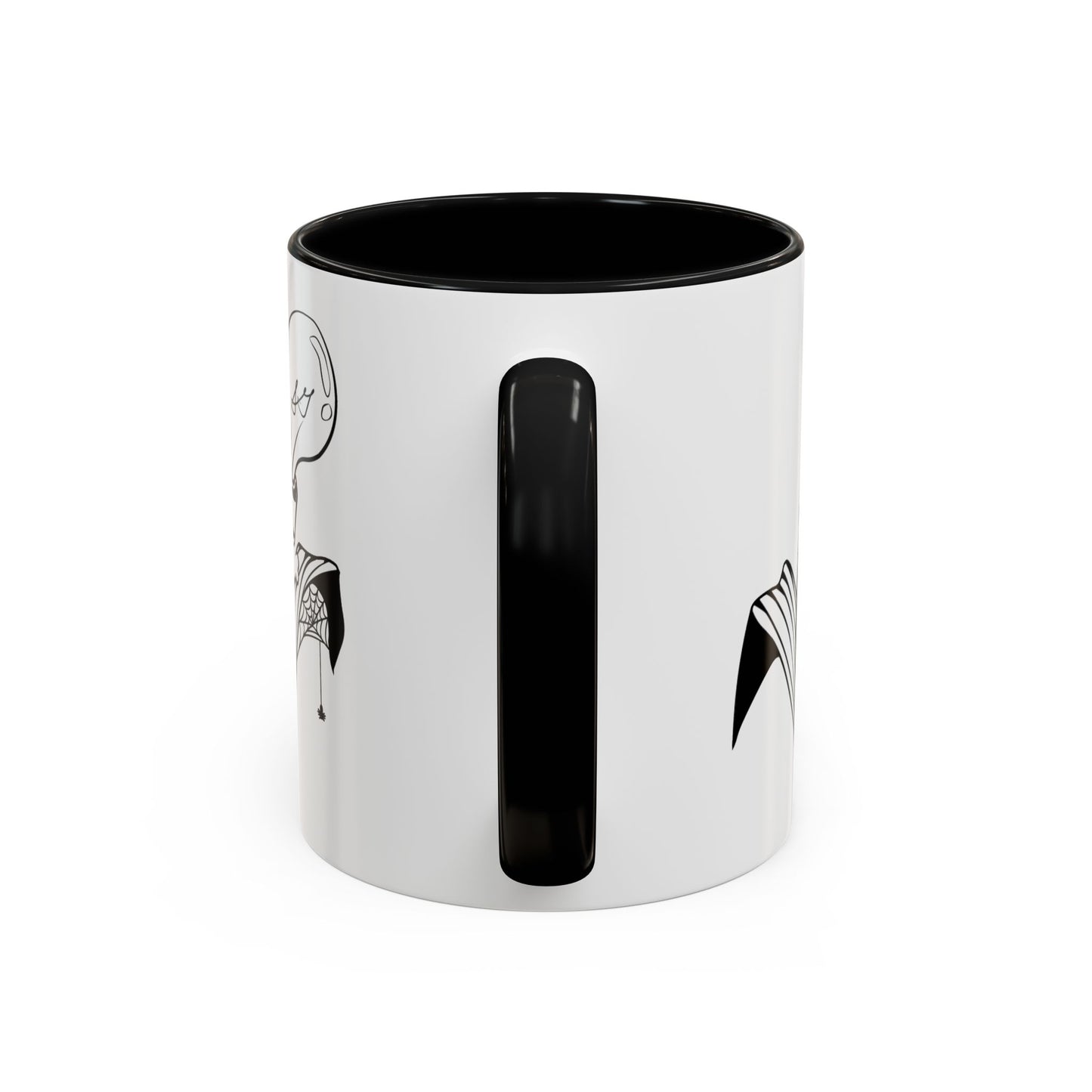 This is the Black 11oz Storm Garden Studio Accent Coffee Mug. This is an image from the handle that is color matched with the inside of the mug. On the left side a little bit of the leaf and lightbulb print can be seen. On the right only a little bit of the leaf can be seen. It is against a white background.