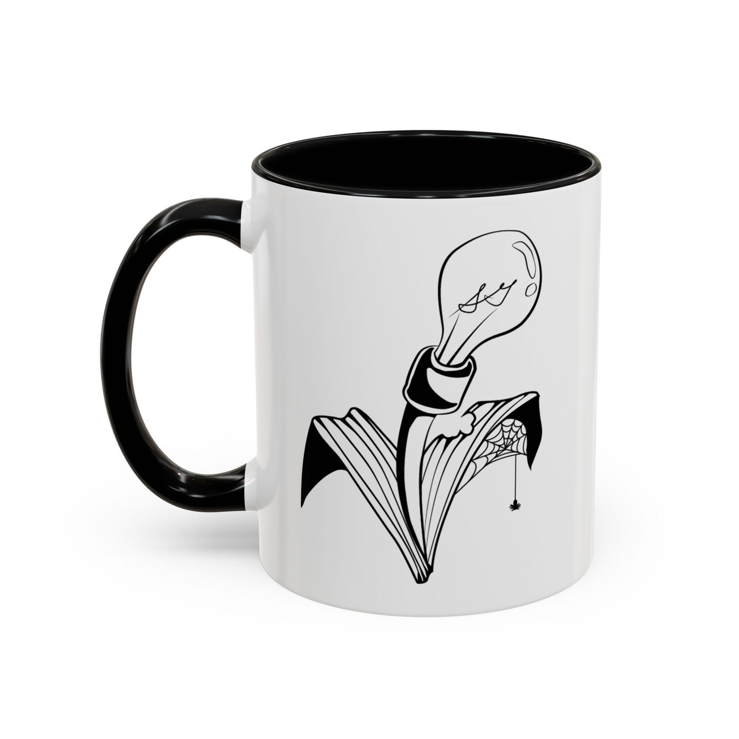 This is the Black 11oz Storm Garden Studio Accent Coffee Mug. This is an image from the front with the handle on the left. It is color matched with the inside of the mug. The Storm Garden Studio logo is printed in black and white in the middle. The logo is a lightbulb screwed onto a plant with two leaves. One leaf is bitten through, has a spiderweb and a spider. It is against a white background.