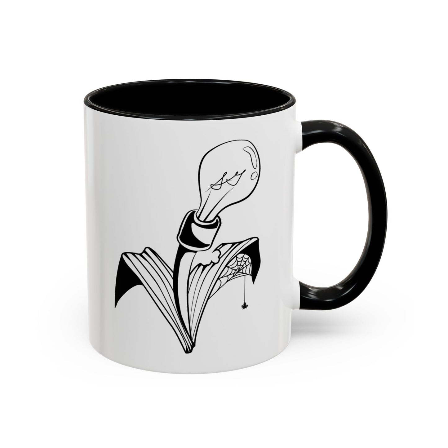 This is the Black 11oz Storm Garden Studio Accent Coffee Mug. This is an image from the front with the handle on the right. It is color matched with the inside of the mug. The Storm Garden Studio logo is printed in black and white in the middle. The logo is a lightbulb screwed onto a plant with two leaves. One leaf is bitten through, has a spiderweb and a spider. It is against a white background.