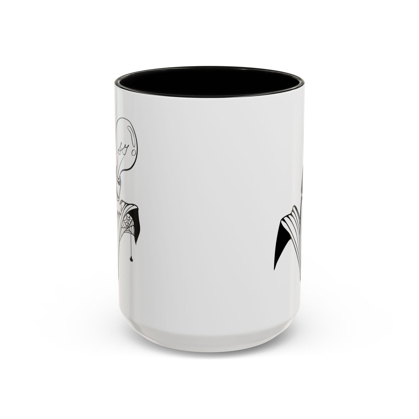 This is the Black 15oz Storm Garden Studio Accent Coffee Mug. This is an image from the front that is color matched with the inside of the mug. On the left side a little bit of the leaf and lightbulb print can be seen. On the right only a little bit of the leaf can be seen. It is against a white background.