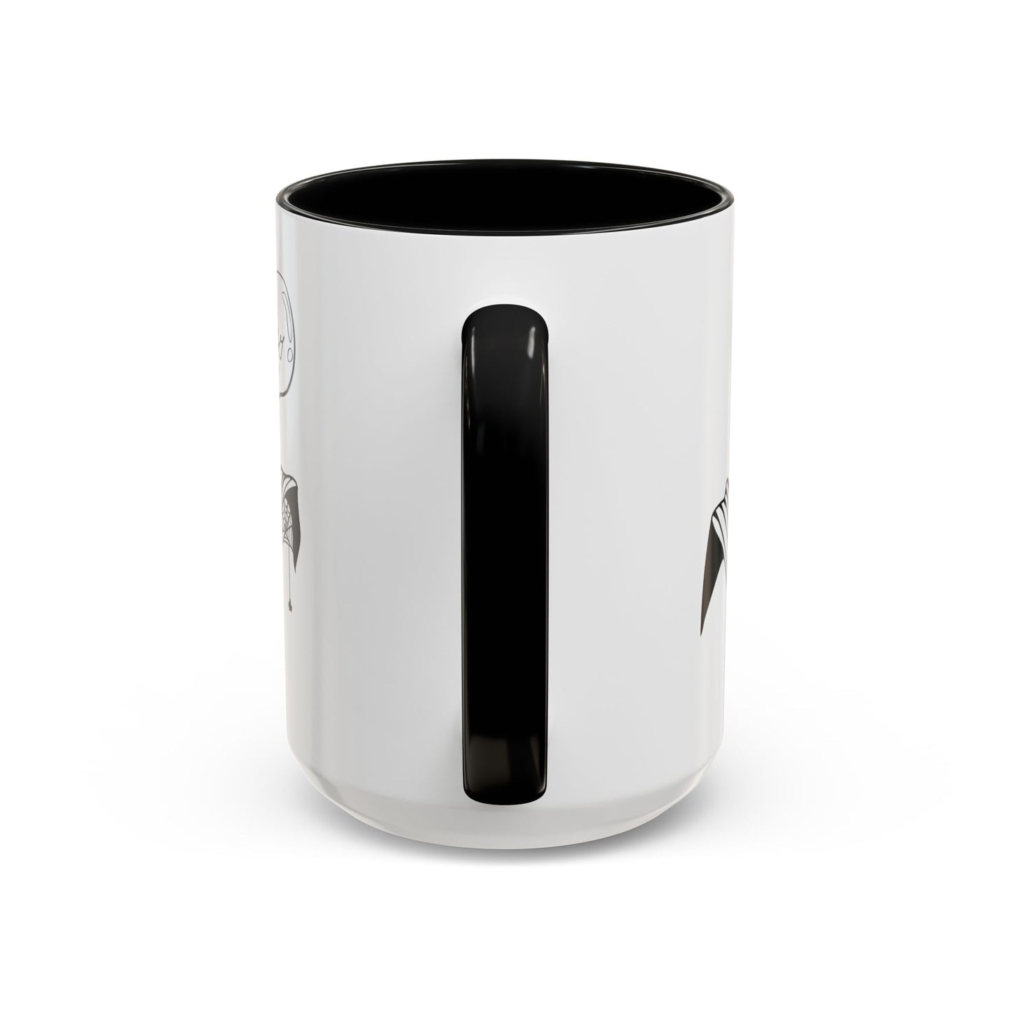 This is the Black 15oz Storm Garden Studio Accent Coffee Mug. This is an image from the handle that is color matched with the inside of the mug. On the left side a little bit of the leaf and lightbulb print can be seen. On the right only a little bit of the leaf can be seen. It is against a white background.