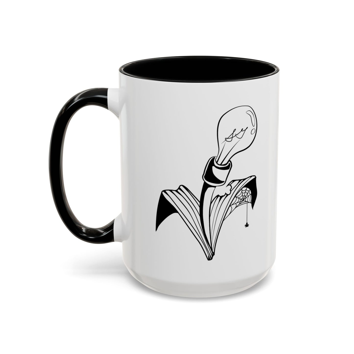 This is the Black 15oz Storm Garden Studio Accent Coffee Mug. This is an image from the front with the handle on the left. It is color matched with the inside of the mug. The Storm Garden Studio logo is printed in black and white in the middle. The logo is a lightbulb screwed onto a plant with two leaves. One leaf is bitten through, has a spiderweb and a spider. It is against a white background.