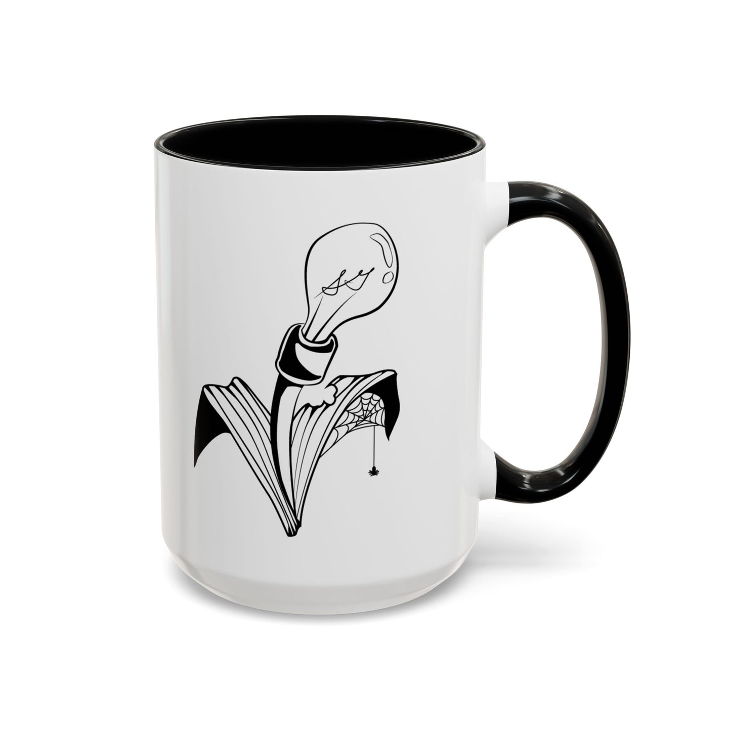 This is the Black 15oz Storm Garden Studio Accent Coffee Mug. This is an image from the front with the handle on the right. It is color matched with the inside of the mug. The Storm Garden Studio logo is printed in black and white in the middle. The logo is a lightbulb screwed onto a plant with two leaves. One leaf is bitten through, has a spiderweb and a spider. It is against a white background.