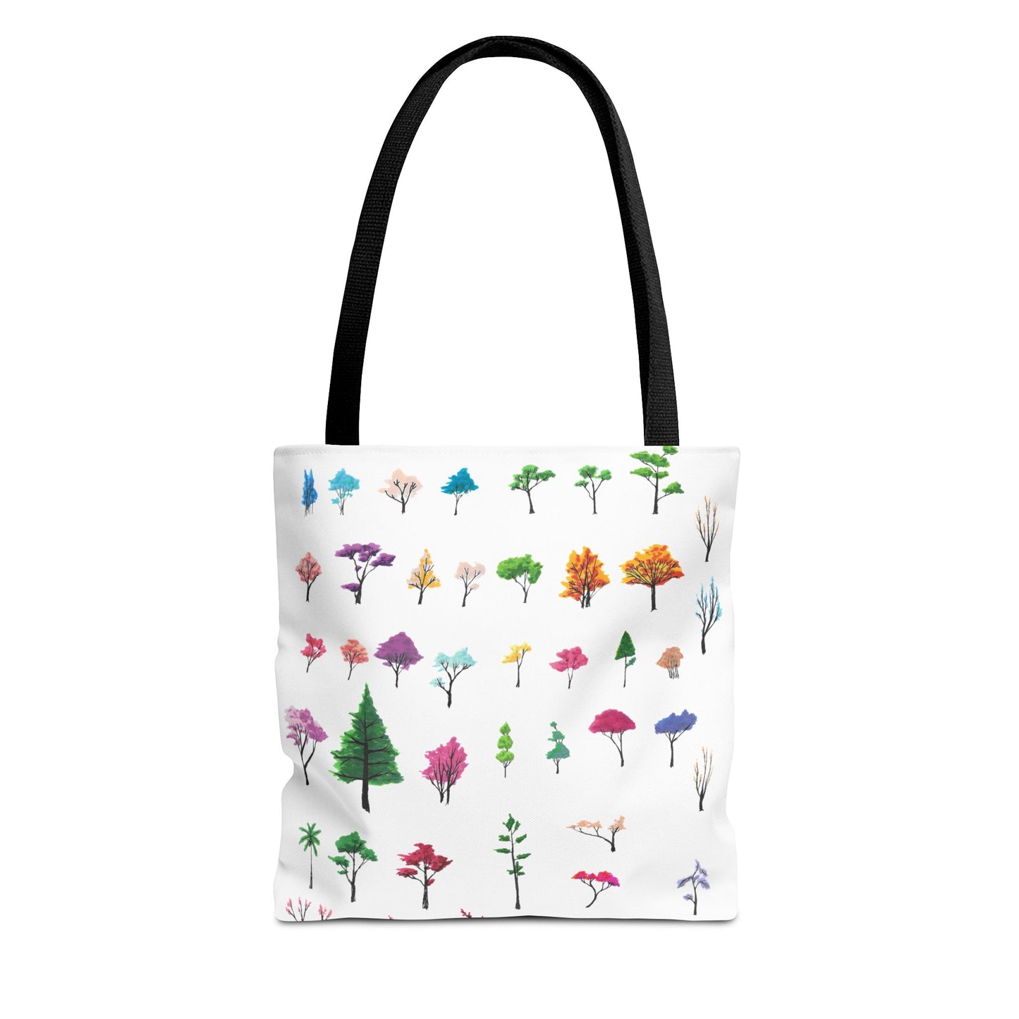 The Black 13" x 13" Study of Trees Tote with color matched handles by Lee Hansheng Studios. There are a variety of tree illustrations from blooming fruit trees to deciduous and evergreens. The trees are colored pinks, purples, greens, yellows, blues and oranges on a white background tote. The tote is also against a white background.