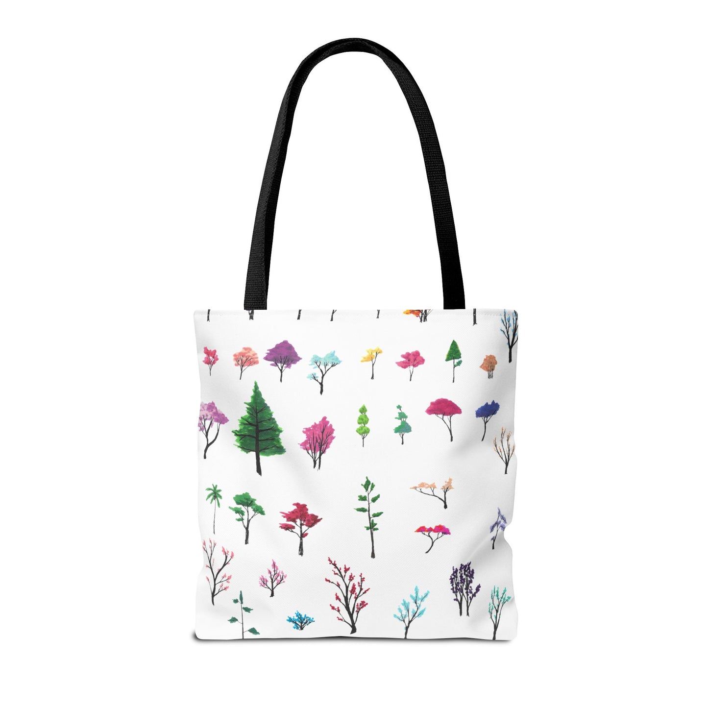 The Front 16" x 16" Study of Trees Tote with color matched handles by Lee Hansheng Studios. There are a variety of tree illustrations from blooming fruit trees to deciduous and evergreens. The trees are colored pinks, purples, greens, yellows, blues and oranges on a white background tote.