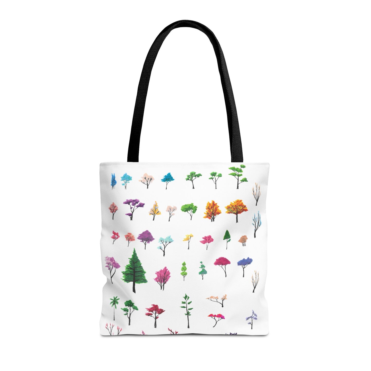 The Black 16" x 16" Study of Trees Tote with color matched handles by Lee Hansheng Studios. There are a variety of tree illustrations from blooming fruit trees to deciduous and evergreens. The trees are colored pinks, purples, greens, yellows, blues and oranges on a white background tote. The tote is also against a white background.
