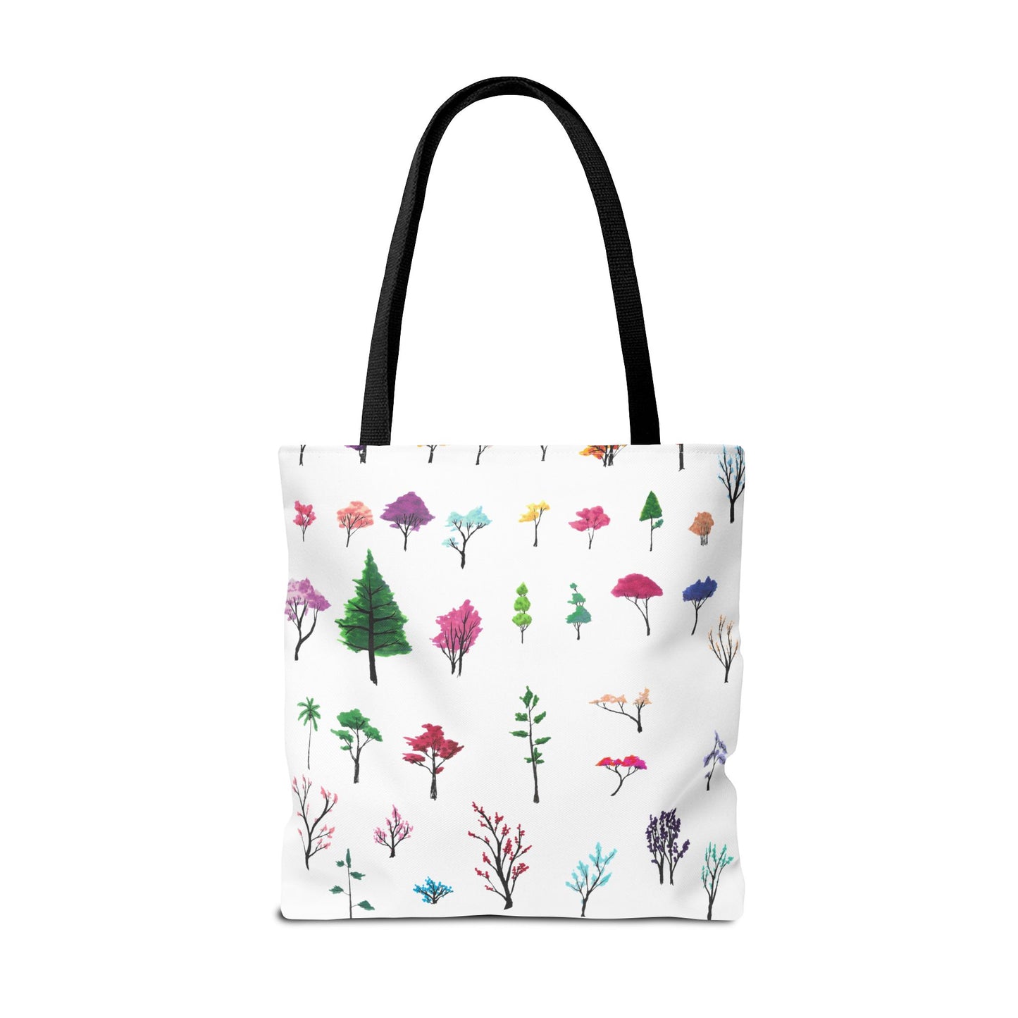 The Black 18" x 18" Study of Trees Tote with color matched handles by Lee Hansheng Studios. There are a variety of tree illustrations from blooming fruit trees to deciduous and evergreens. The trees are colored pinks, purples, greens, yellows, blues and oranges on a white background tote.