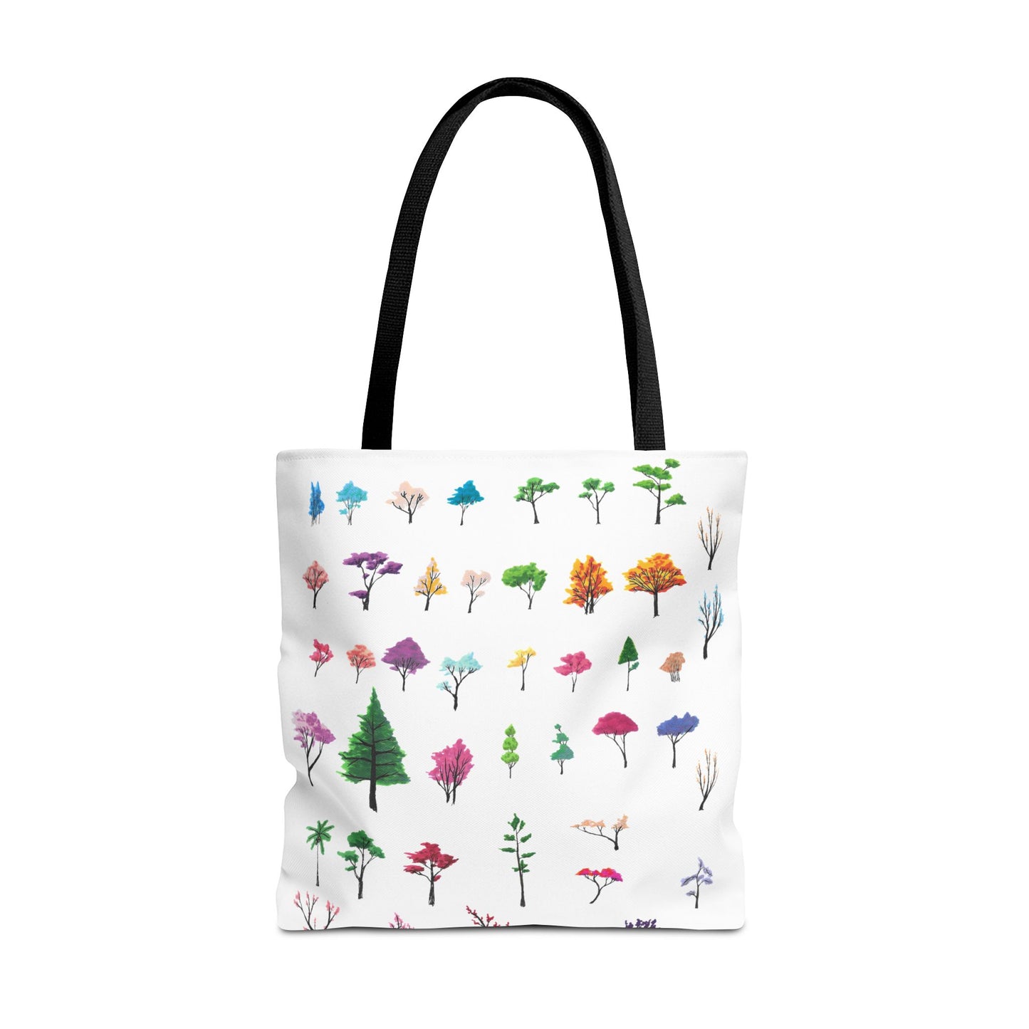 The Black 18" x 18" Study of Trees Tote with color matched handles by Lee Hansheng Studios. There are a variety of tree illustrations from blooming fruit trees to deciduous and evergreens. The trees are colored pinks, purples, greens, yellows, blues and oranges on a white background tote. The tote is also against a white background.
