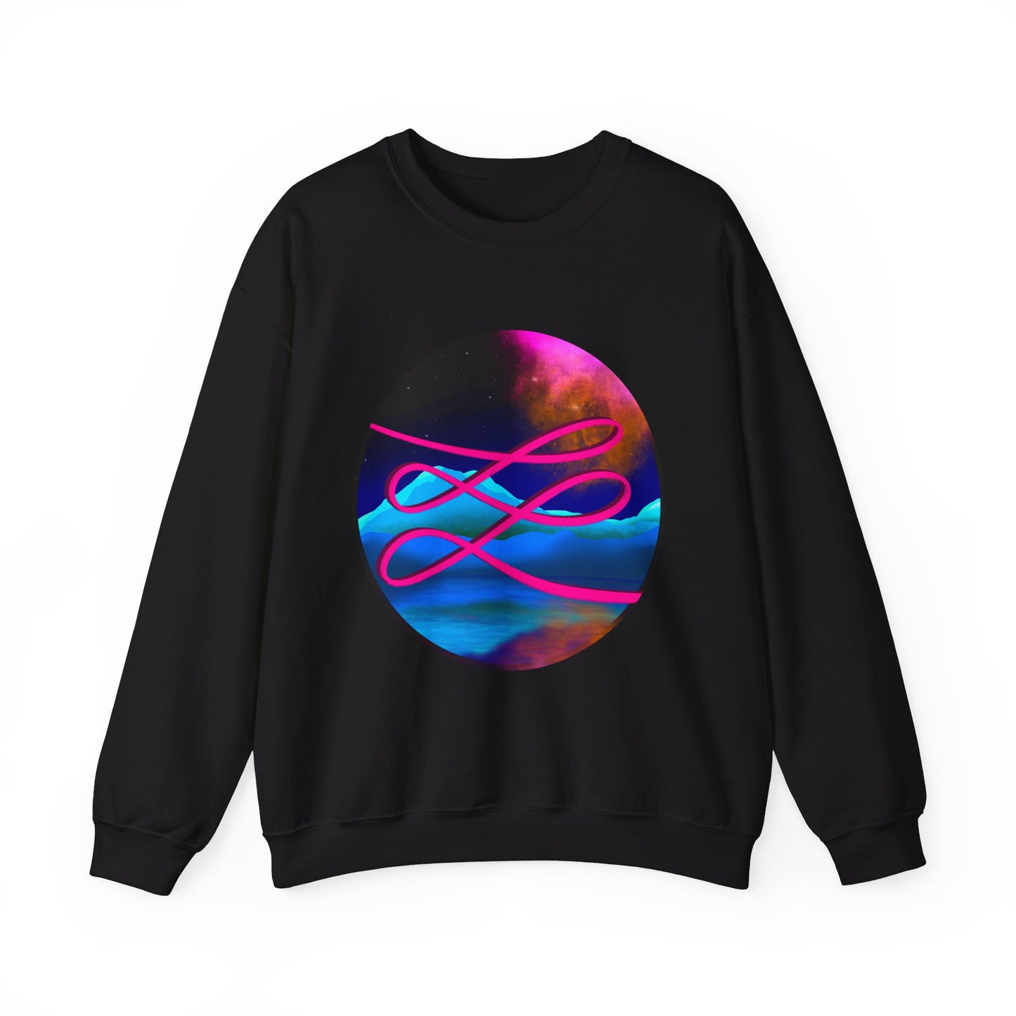 This is the Black Swirl Heavy Blend Crewneck Sweatshirt by Lee Hansheng Studios. It comes in sizes S-3XL. This shows the front of the sweatshirt. The illustration is circular and covers the front of the shirt. The design is a hot pink swirl from left to right. The background has a mountain landscape that is reflected. The colors are pink, black, orange and blue. The wrists and waists are hemmed. It is against a white background.