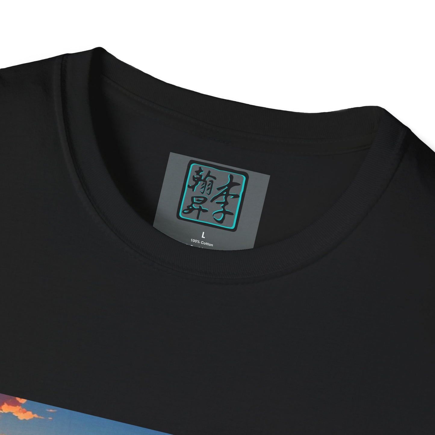 This is the Black Temple of Peace Softstyle T-Shirt by Lee Hansheng Studios. It comes in sizes XS-5XL. This is an image of the t-shirt from the front but close up to the tag that is inside the shirt. There is the Lee Hansheng Studios logo printed in black and outlined in teal. The sizes are printed in white. This is all on a gray label. The shirt is against a white background.