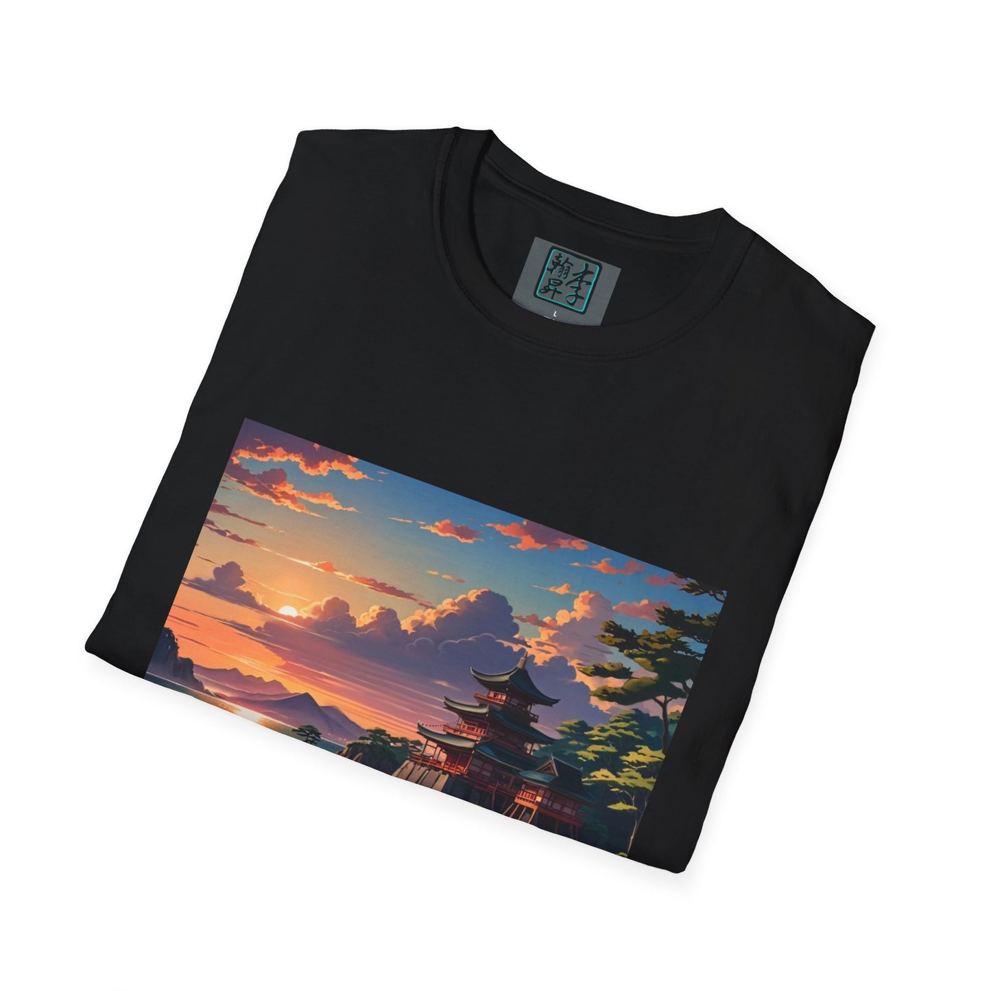 This is the Black Temple of Peace Softstyle T-Shirt by Lee Hansheng Studios. It comes in sizes S-5XL. This is an image of the shirt from the front and folded. On the inside of the shirt there is the studio's logo. The illustration shows the top of the landscape. There is a setting red/orange sun above clouds, one blue roof,brown/red walled temples on the right thre are some trees and mountains in the background scenery. The t-shirt is against a white background.