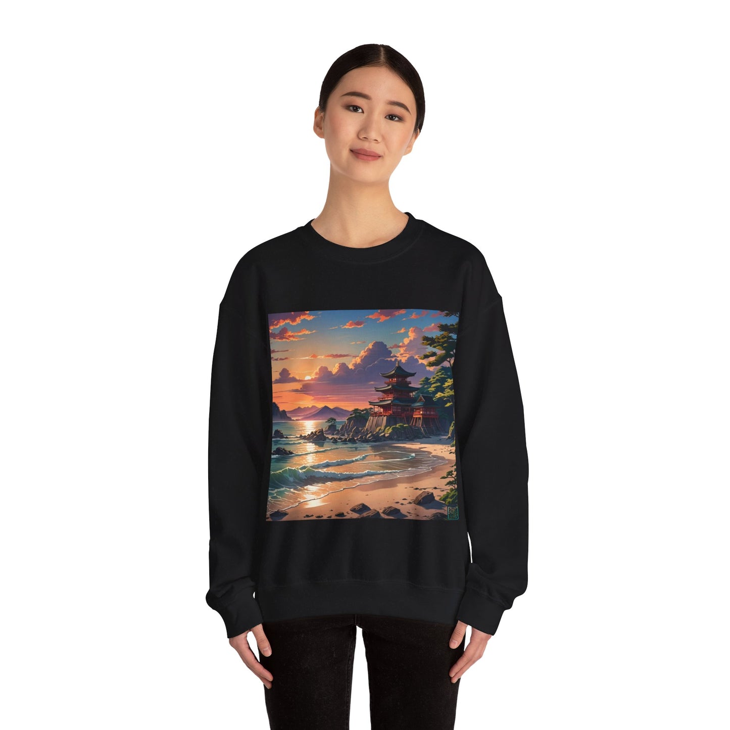 This is the Black Temple of Peace Sweatshirt by Lee Hansheng Studios. It comes in sizes S-5XL. The illustration shows a setting red/orange sun above clouds,two blue roof,brown/red walled temples on the right on top of the hills,mountains,blue/white waves into sand and a forest to the right.On the bottom right corner is the logo printed in black for the studio and outlined in blue. A smiling lady, head tilted and is standing forward with the sweatshirt and black pants.