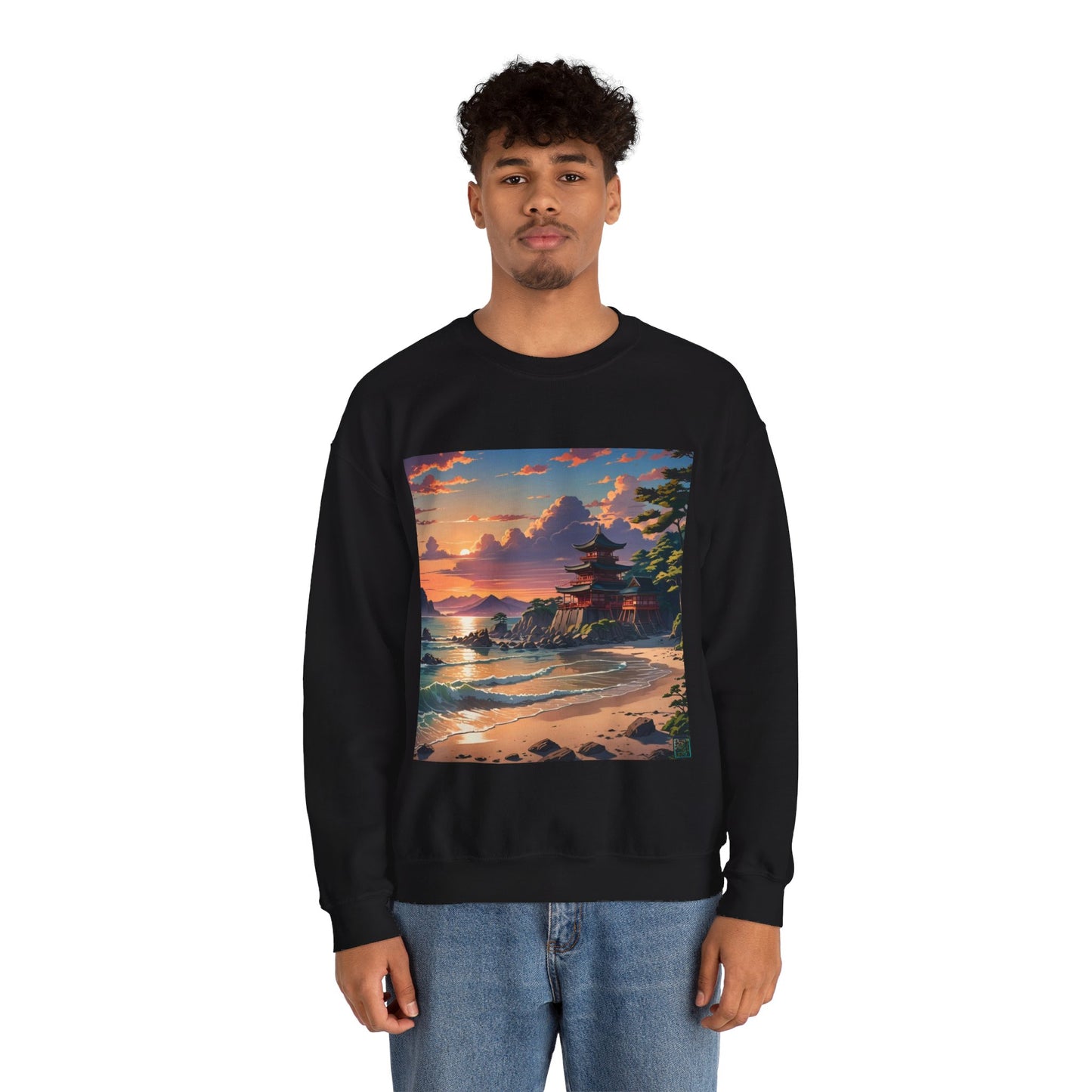 This is the Black Temple of Peace Sweatshirt by Lee Hansheng Studios. It comes in sizes S-5XL. The illustration shows a setting red/orange sun above clouds,two blue roof,brown/red walled temples on the right on top of the hills,mountains,blue/white waves into sand and a forest to the right.On the bottom right corner is the logo printed in black for the studio and outlined in blue. A man standing to the front has the sweatshirt on and jeans. He is against a white background.