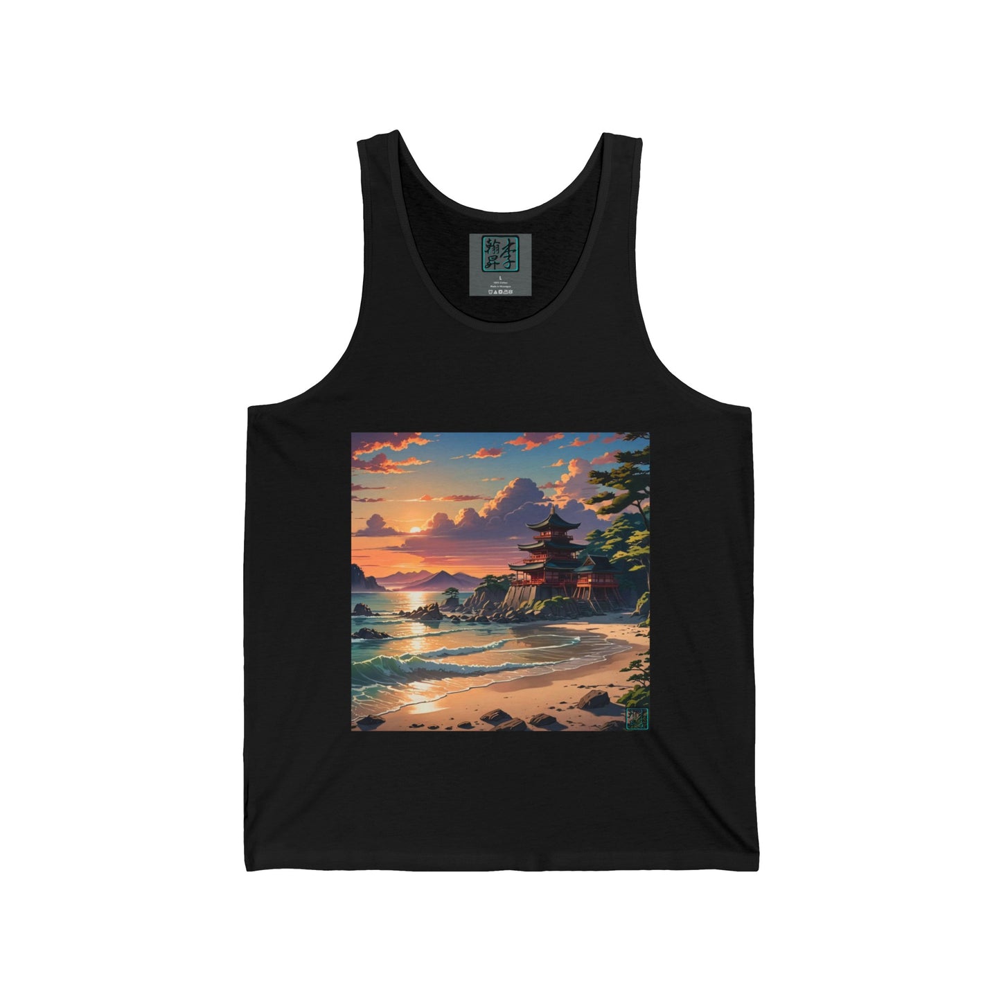 This is the Black Temple of Peace Tank by Lee Hansheng Studios. It comes in sizes S-2XL.This showcases the front of the tank.The inside of the shirt there is the studio's logo on a gray backing and size label in white.The illustration shows a setting red/orange sun above clouds,two blue roof,brown/red walled temples on the right on top of the hills,mountains,blue/white waves into sand and a forest to the right.Bottom right corner is the logo printed in black for the studio and outlined in blue.