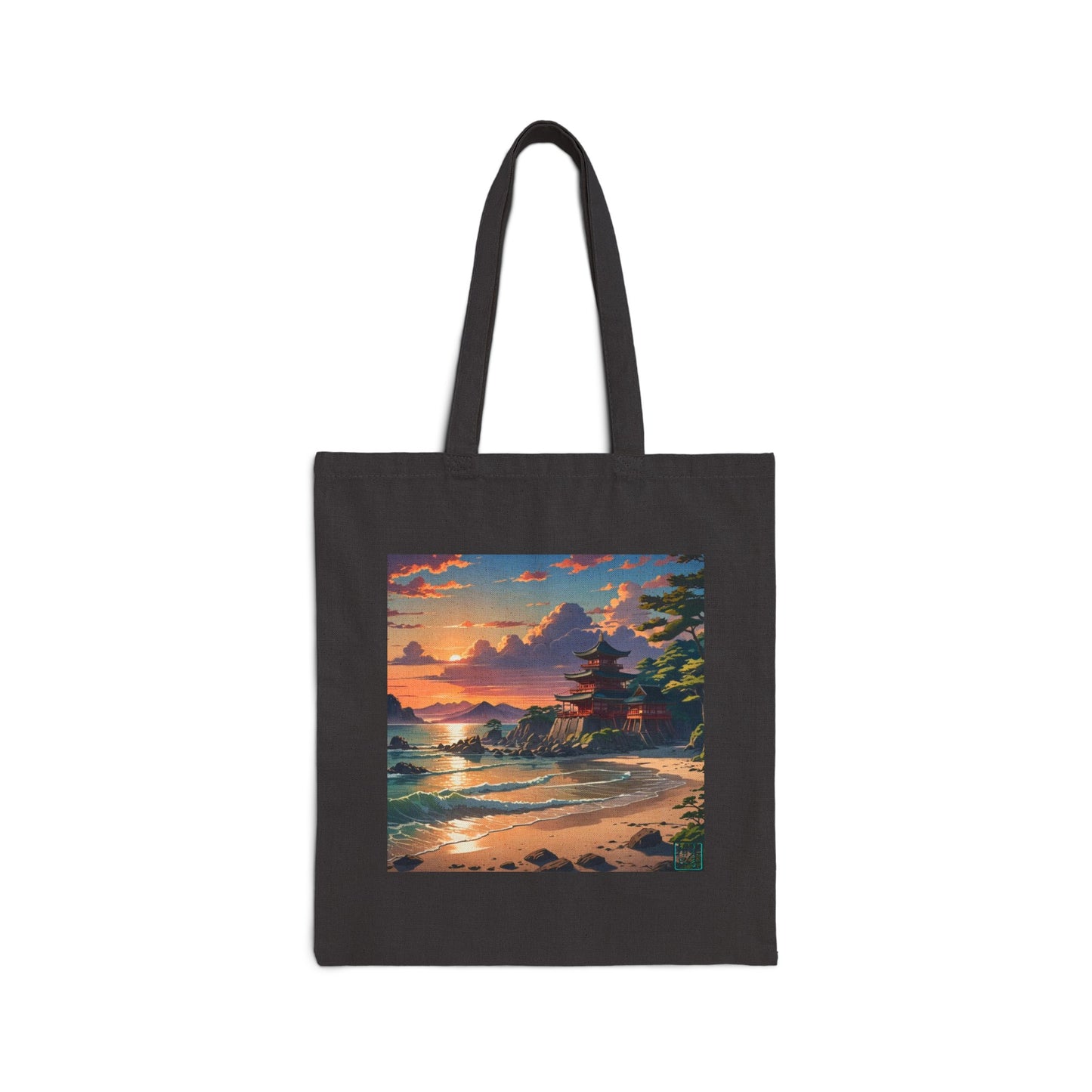 This is the Black 15" x 16" Temple of Peace Canvas Tote Bag by Lee Hansheng Studios.The illustration shows a setting red/orange sun above clouds,two blue roof,brown/red walled temples on the right on top of the hills,mountains,blue/white waves into sand and a forest to the right.On the bottom right corner is the logo printed in black for the studio and outlined in blue. The tote is against a white background.