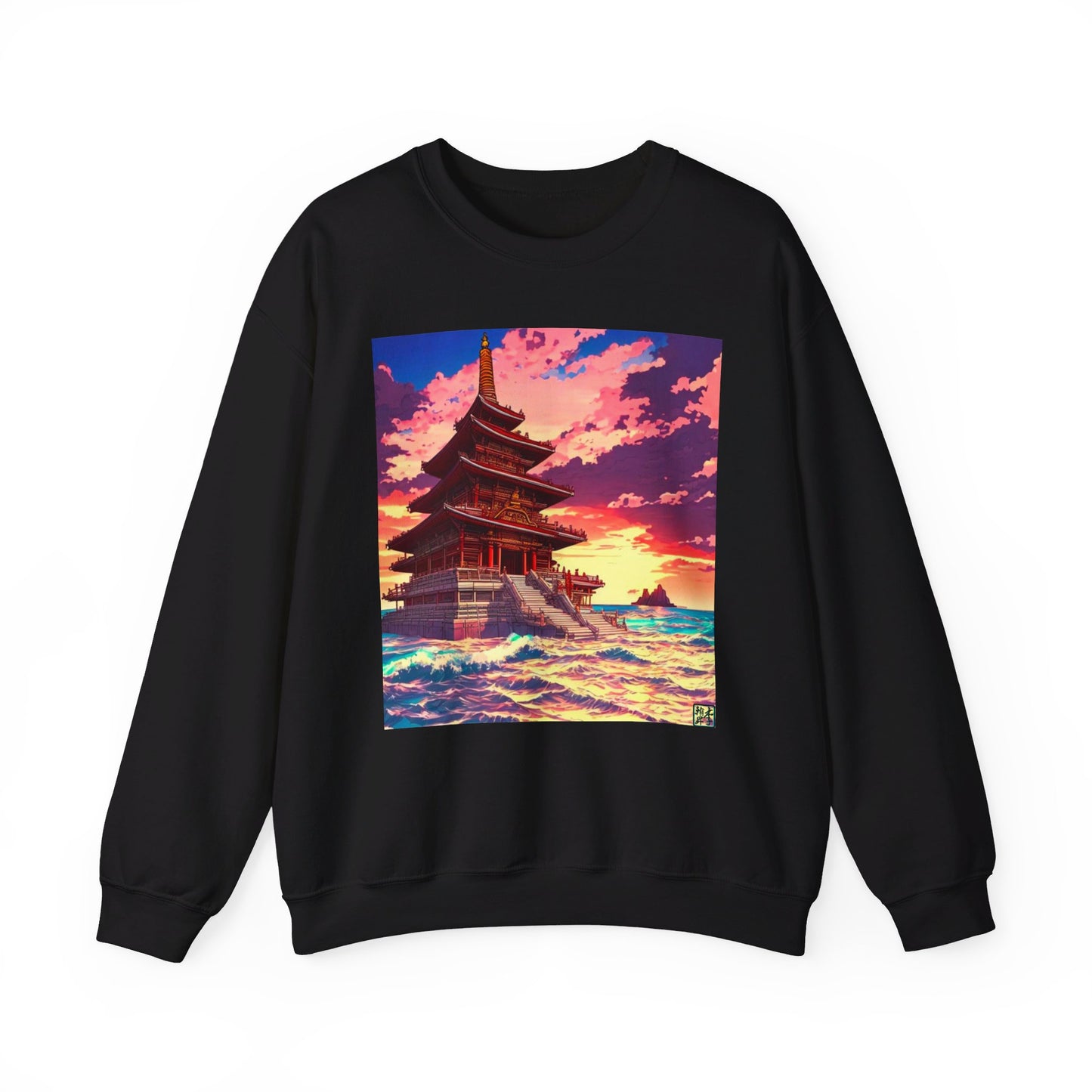 This is the Black Temple on the Sea Heavy Blend Crewneck Sweatshirt by Lee Hansheng Studios. This comes in sizes S-3XL. This is an image of the front of the sweatshirt. The illustration has a temple with 4 stories on the left surround by crashing waves of the sea, mountains on the right in the background. There is a little bit of the sunset peeking through behind the temple. The colors are a mix of blues, pinks, reds and yellows. The image of the sweatshirt is against a white background.