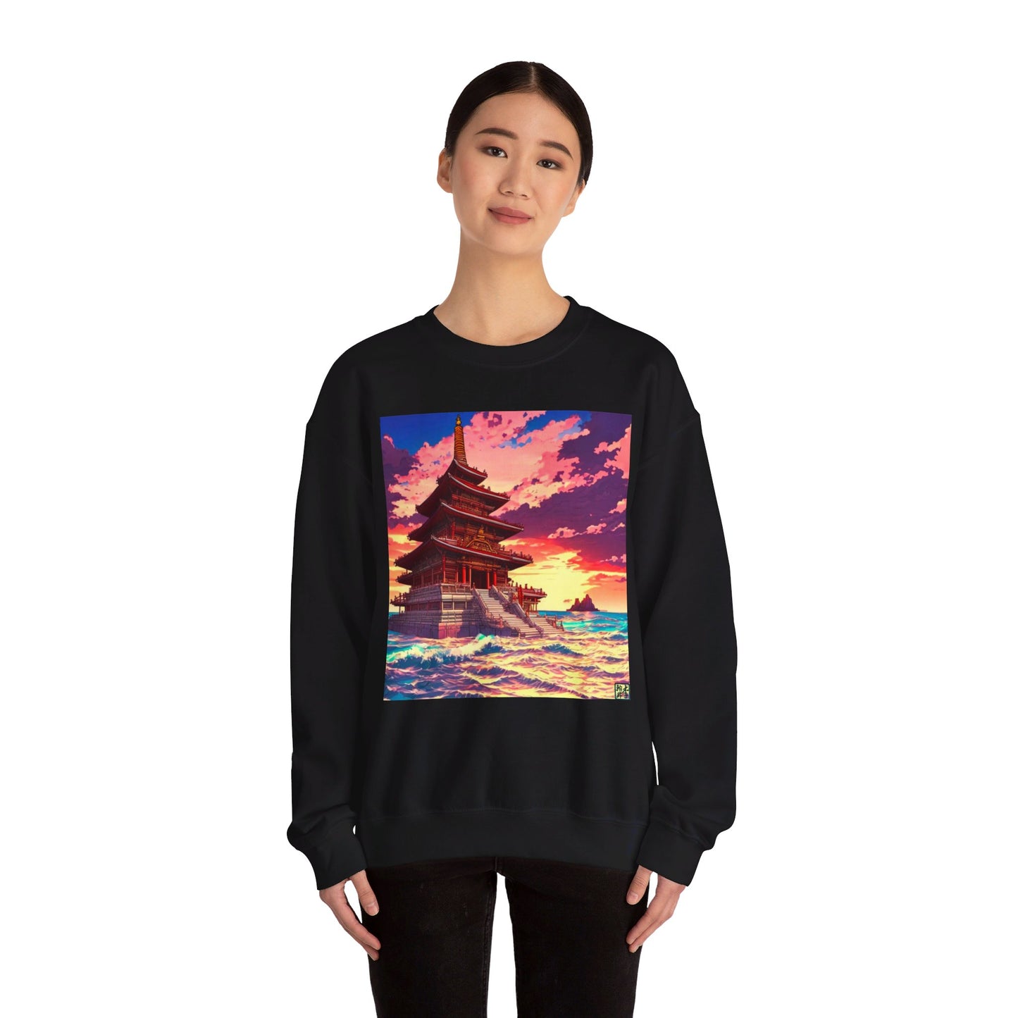 This is the Black Temple on the Sea Heavy Blend Crewneck Sweatshirt by Lee Hansheng Studios. This comes in sizes.This is an image of the front of the sweatshirt. A lady with black hair tied, a smile, black pants and hands on her sides. The illustration has a temple with 4 stories on the left surround by crashing waves of the sea, mountains on the right in the background. The Lee Hansheng logo is on the bottom right on the illustration outlined in blue. The colors are a mix of blues, pinks, reds and yellows.