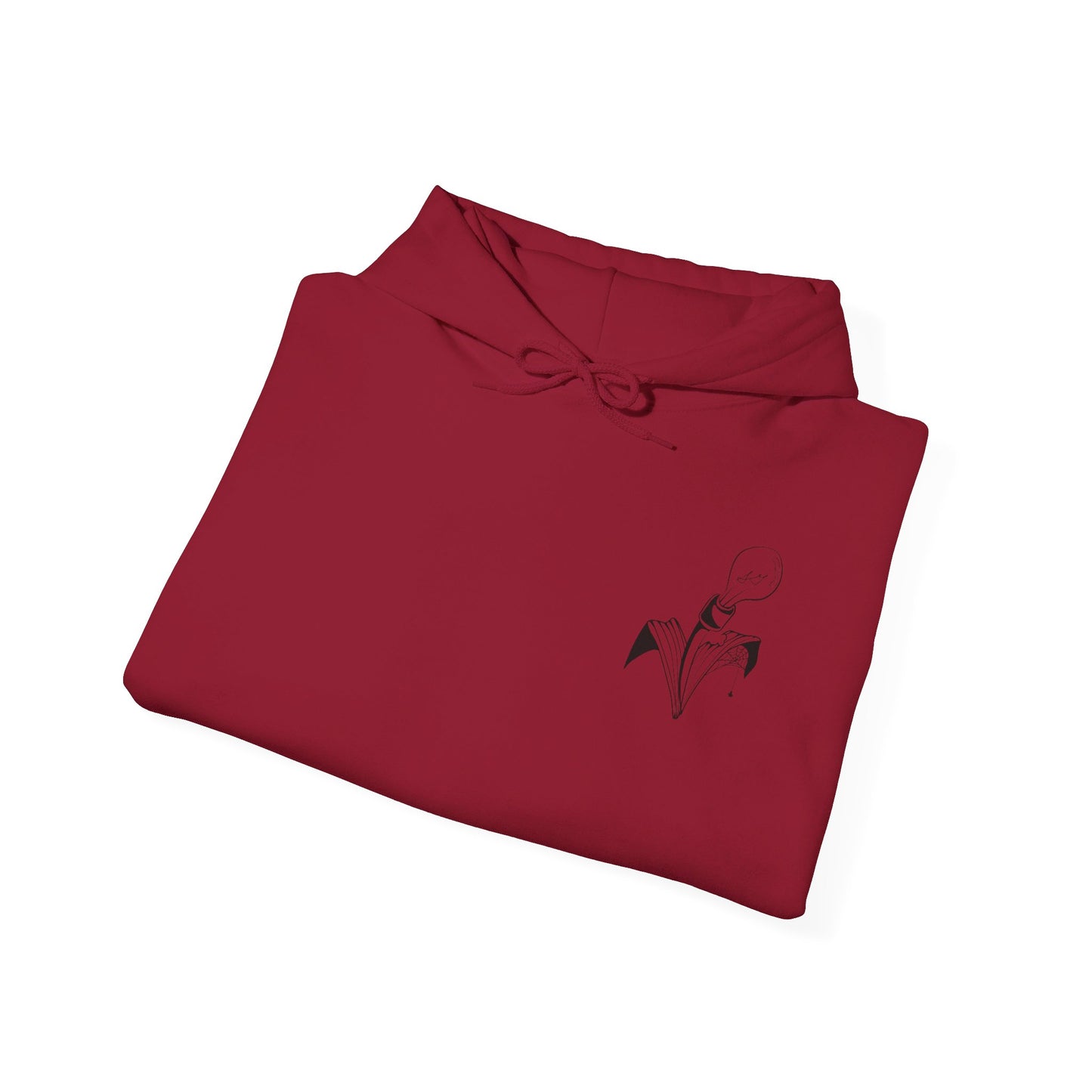 This is the Cardinal Red Fall is falling Heavy Blend Hooded Sweatshirt by Storm Garden Studio. It comes in sizes S-5XL. The image is the sweatshirt folded from the front. The drawstring is color matched and has Storm Garden Studio logo printed in black on the left breast area. It is against a white background.