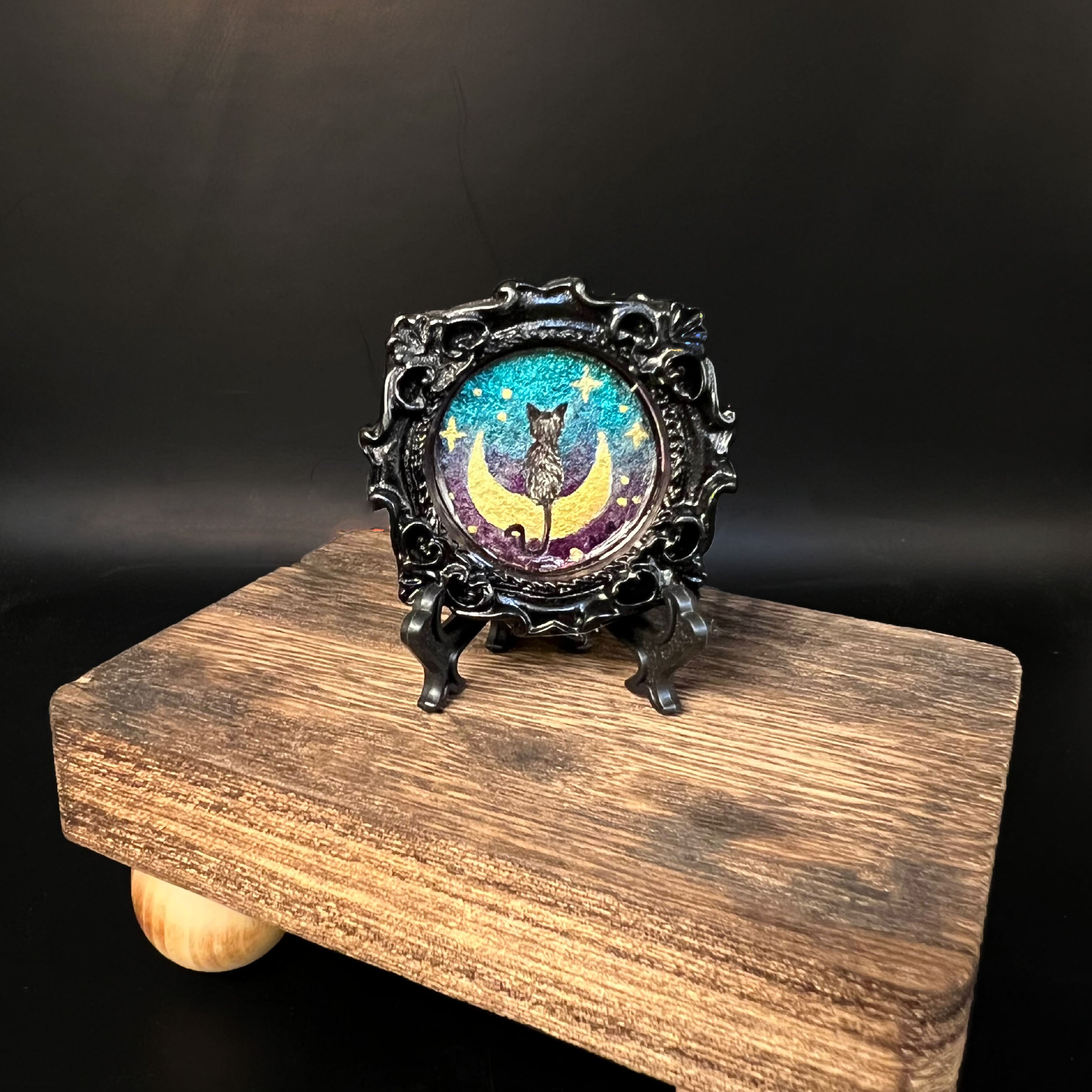 CFD - Cat On Moon miniature painting by Chris Foster, acrylic on canvas, 4x6 inches, framed in black wood, limited edition