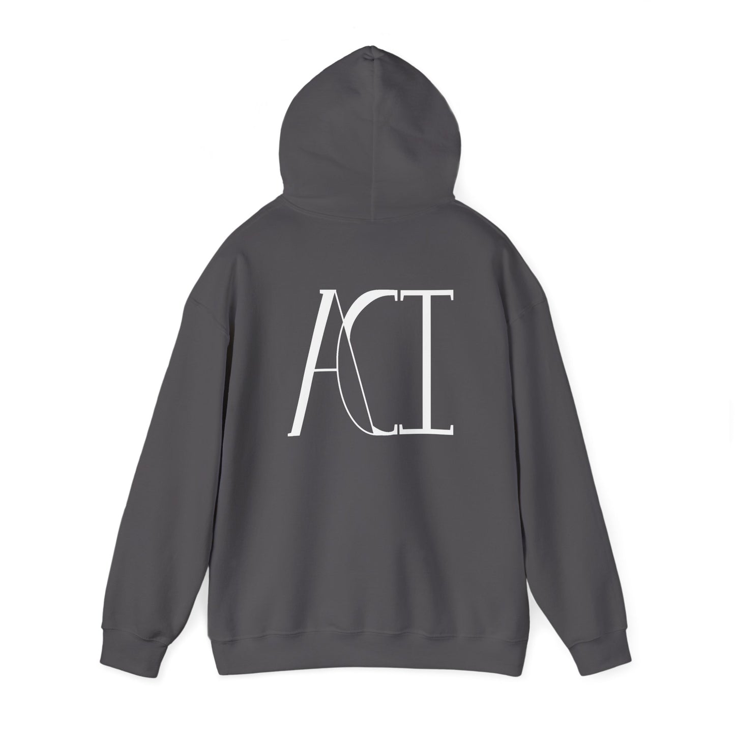 This is a charcoal ACI hoodie showcasing the back of it. The hood is lifted up and the ACI logo is between the shoulder blades. The logo printed is white. The sleeves and end of the hoodie have stitching by the wrist and waist areas. The rest of the hoodie is the color charcoal.