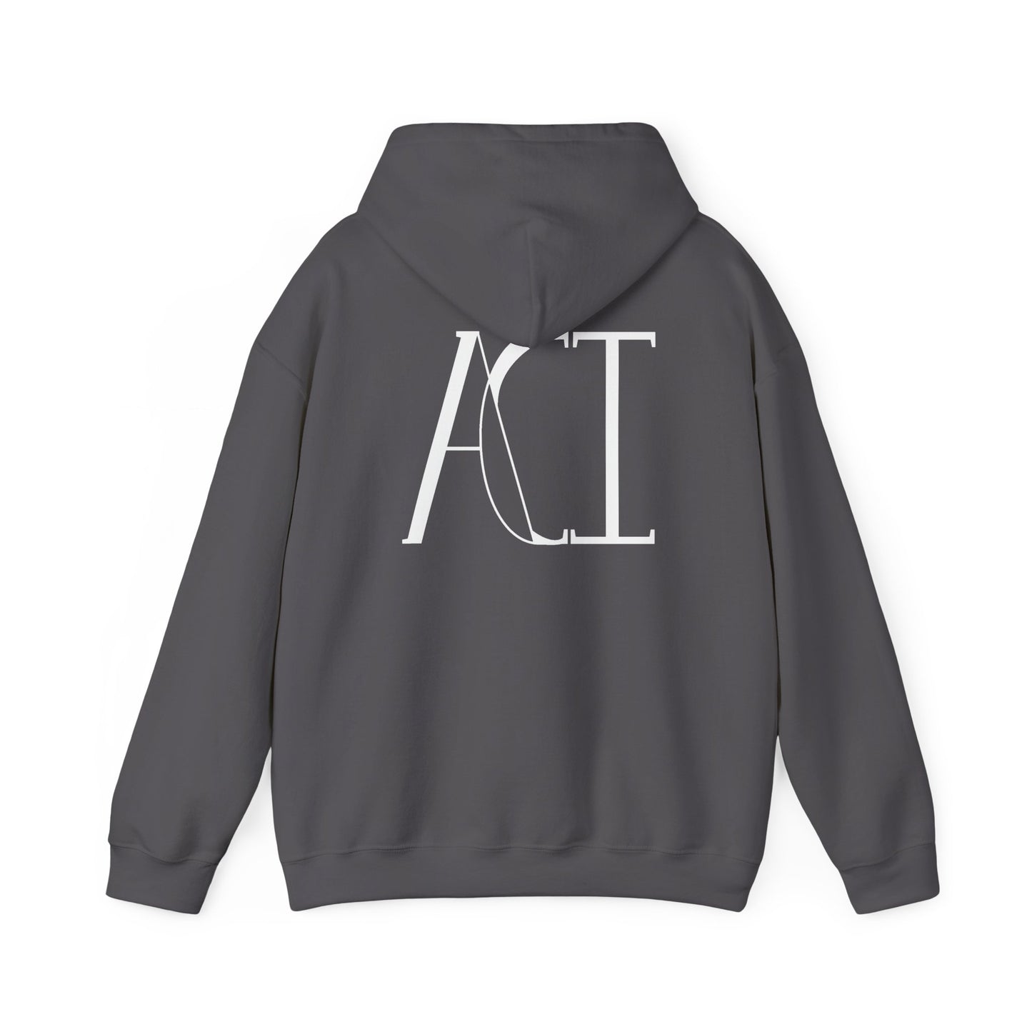 This is a charcoal ACI hoodie showcasing the back of it. The hood is not lifted up and the ACI logo is right below the hood. The logo is printed in white. The sleeves and end of the hoodie have stitching by the wrist and waist areas. The rest of the hoodie is the color charcoal.