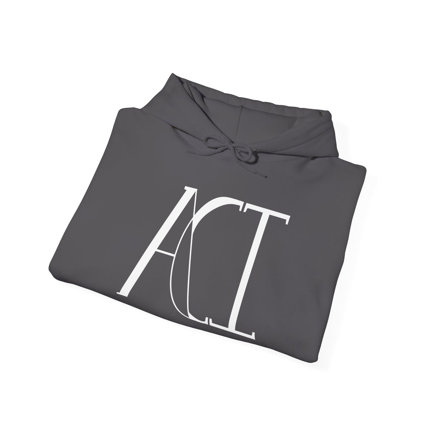 This is a charcoal ACI hoodie that has been folded. It shows the ACI logo printed in white on the front of the hoodie. The drawcord matches the color of the hoodie.