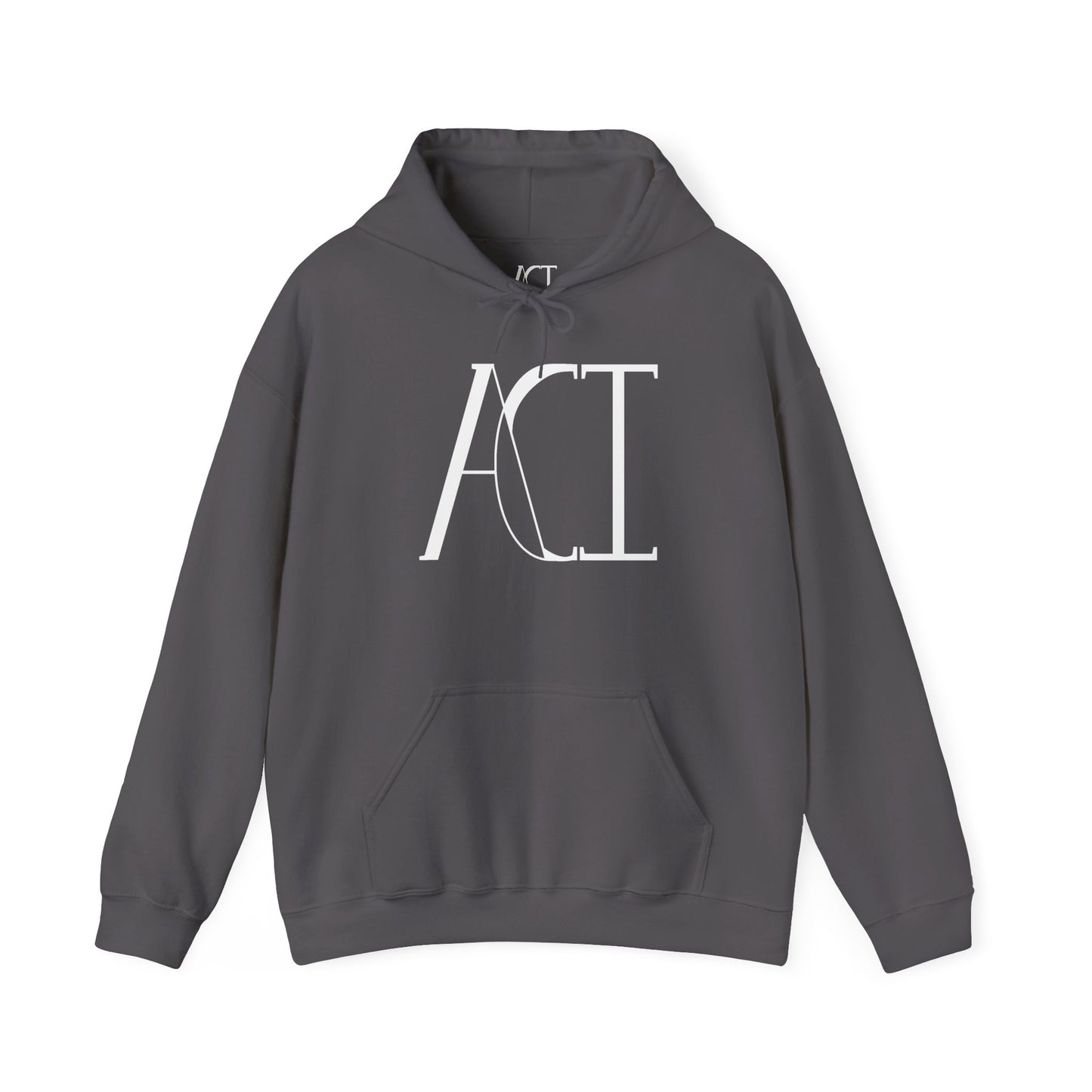 This is a charcoal ACI hoodie that showcases the ACI logo printed in white near the top middle of the hoodie. It is a full picture of the front with the color-matched drawcord. The size label is printed on rather than a tag with the ACI logo also in white. There is stiching by the wrists and waist areas.