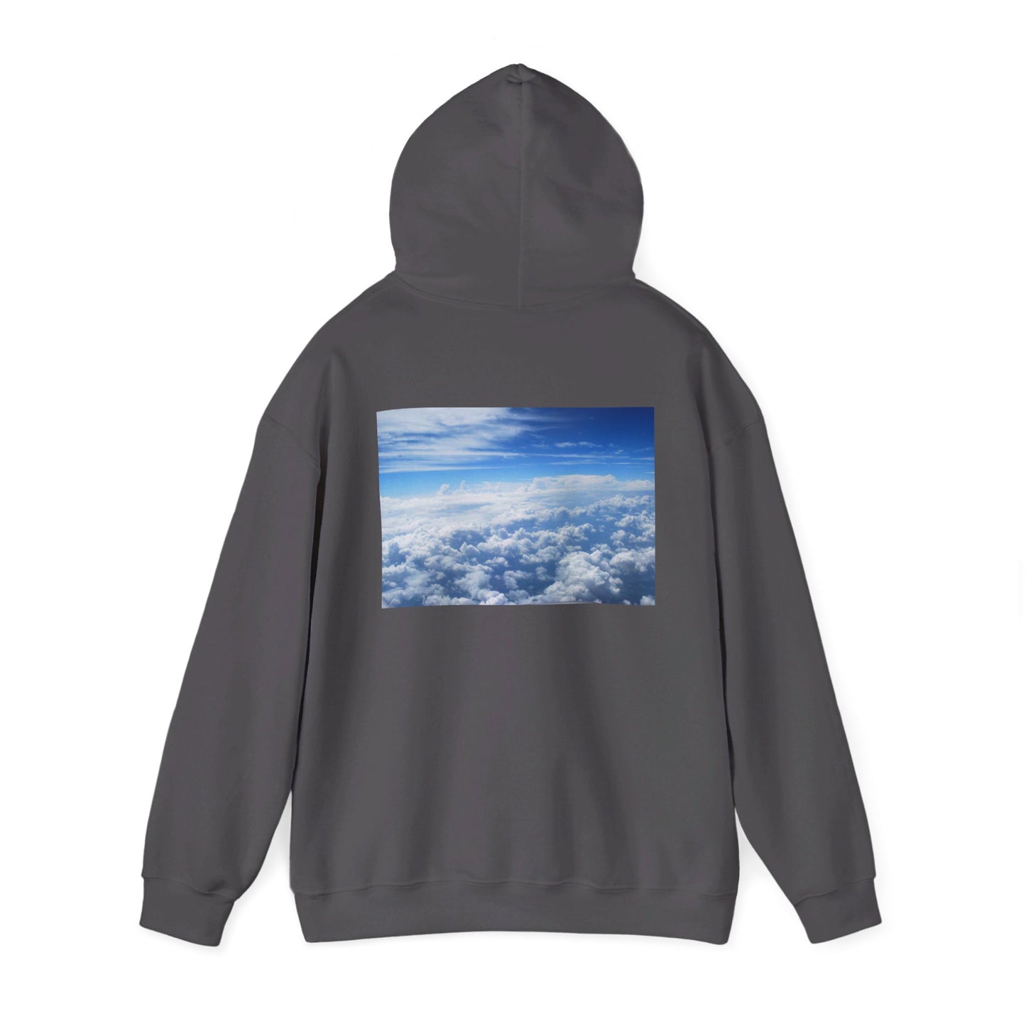 This is the Charcoal Above the Clouds Hoodie by Lee Hansheng Studios. It comes in sizes S-5XL. This is the image of the back with the hood up. The illustration is between the upper back and ends before lower back. The illustration shows an overview of the clouds from the sky. Through the foreground are white, light blue, dark blue fluffy clouds that straighten out in the background. There are clear blue skies in the background. There is hemming on the wrists and end of the hoodie.