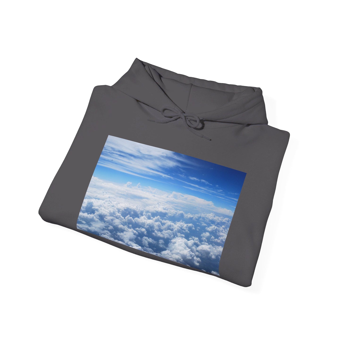 This is the Charcoal Above the Clouds Hoodie by Lee Hansheng Studios. It comes in sizes S-5XL. The drawstring is tied and color matched. The image is fron the front and folded. The illustration shows an overview of the clouds from the sky. Through the foreground are white, light blue, dark blue fluffy clouds that straighten out in the background. There are clear blue skies in the background. The hoodie is against a white background.