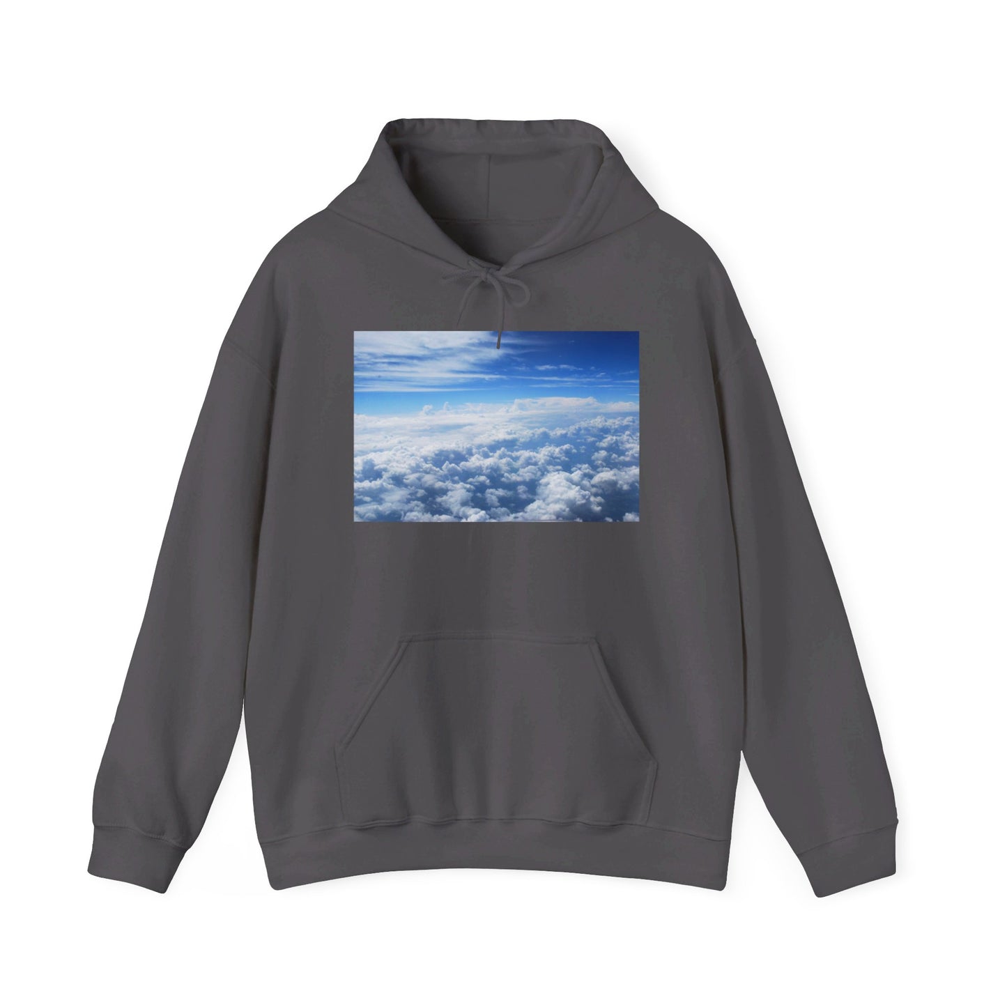 This is the Charcoal Above the Clouds Hoodie by Lee Hansheng Studios. It comes in sizes S-5XL. This is the image of the front with a drawstring tied in a bow and color matched. The illustration on the front chest. The illustration shows an overview of the clouds from the sky. Through the foreground are white, light blue, dark blue fluffy clouds that straighten out in the background. There are clear blue skies in the background. There is a kangaroo pocket, hemming on the wrists and end of the hoodie.