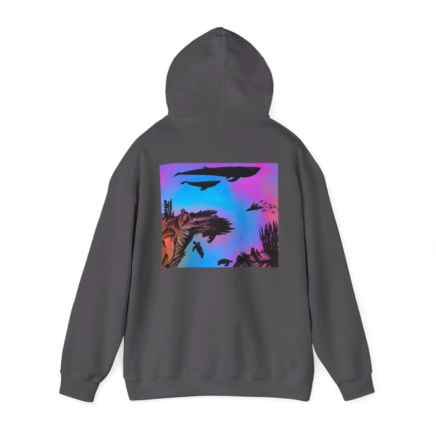 This is the Charcoal Into the Abyss Heavy Blend Hooded Sweatshirt by Lee Hansheng Studios. It comes in sizes S-5XL. The image shows the sweatshirt from the back with the hood up. The illustration is a square shape of an underwater seascape with aquatic plants on a marbled background. The square fits the whole upper back. There are two blue whales, 1 goblin shark, school of eagle rays, two sea turtles and a school of fish. The image is against a white background.