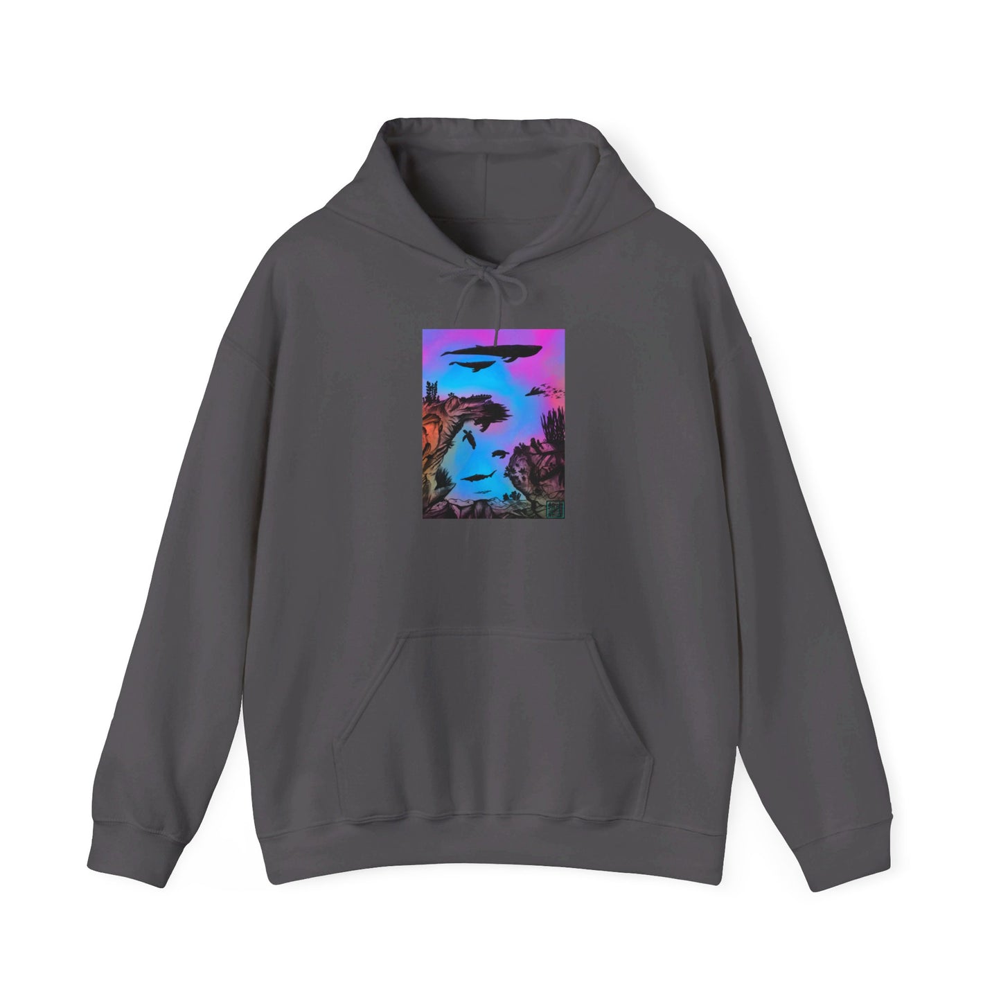 This is the Charcoal nto the Abyss Heavy Blend Hooded Sweatshirt by Lee Hansheng Studios. It comes in sizes S-5XL. The image shows the sweatshirt from the front. The illustration is a rectangular shape of an underwater seascape with aquatic plants on a marbled background. There are two blue whales, 1 goblin shark, school of eagle rays, two sea turtles and a school of fish. There is a kangaroo pocket. There is hemming on the wrists and end of it. The image is against a white background.