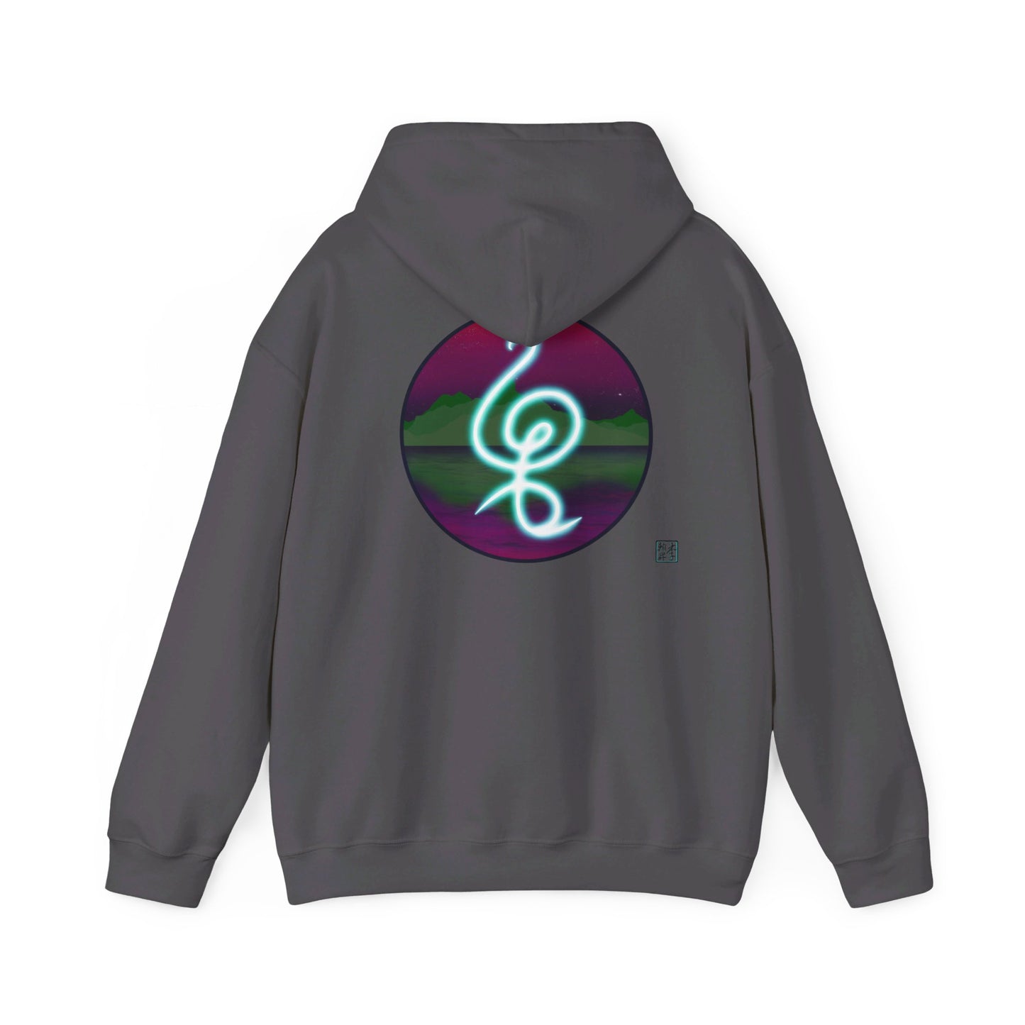This is the Charcoal Hakuna Matata Unisex Heavy Blend Hooded Sweatshirt by Lee Hansheng Studios. This is the image of it from the back and the hood is down.This comes in sizes S- 5XL. This illustration is an oval image on with the "There are no worries" in Swahili which is a bright light blue. Behind the symbol is a landscape with dark green mountains. It is reflected in the water and clear are pink/purple sky with a couple of stars. The illustration is on the upper back and the studio logo is below it.